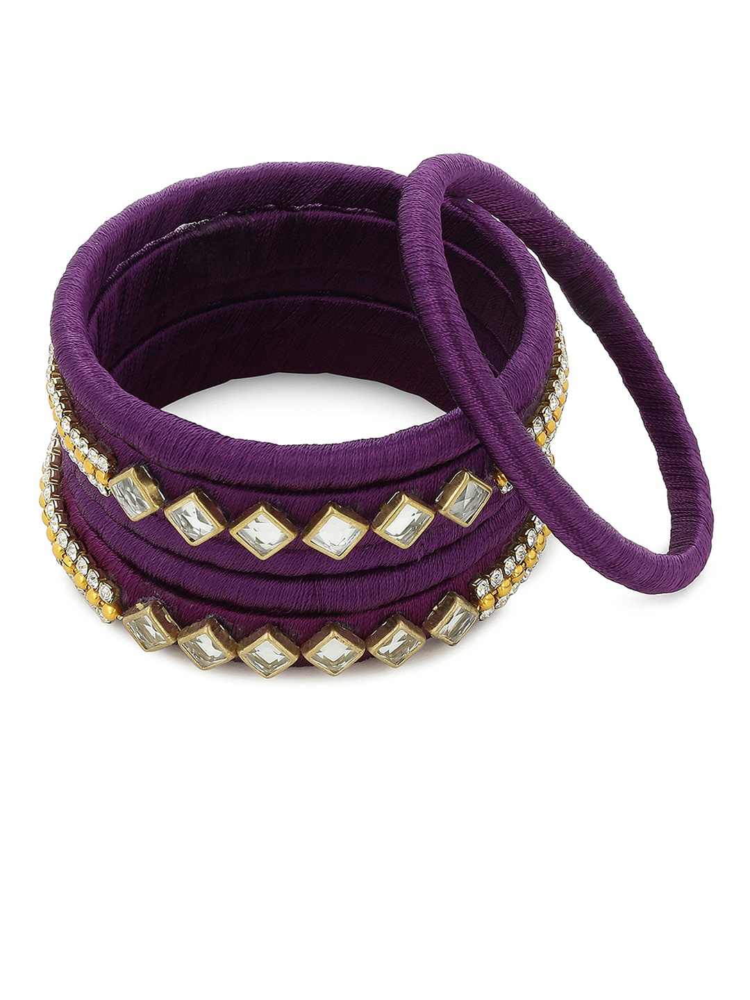

AKSHARA Girls Set of 6 Purple & White Kundan-Studded Handcrafted Silk Thread Bangles