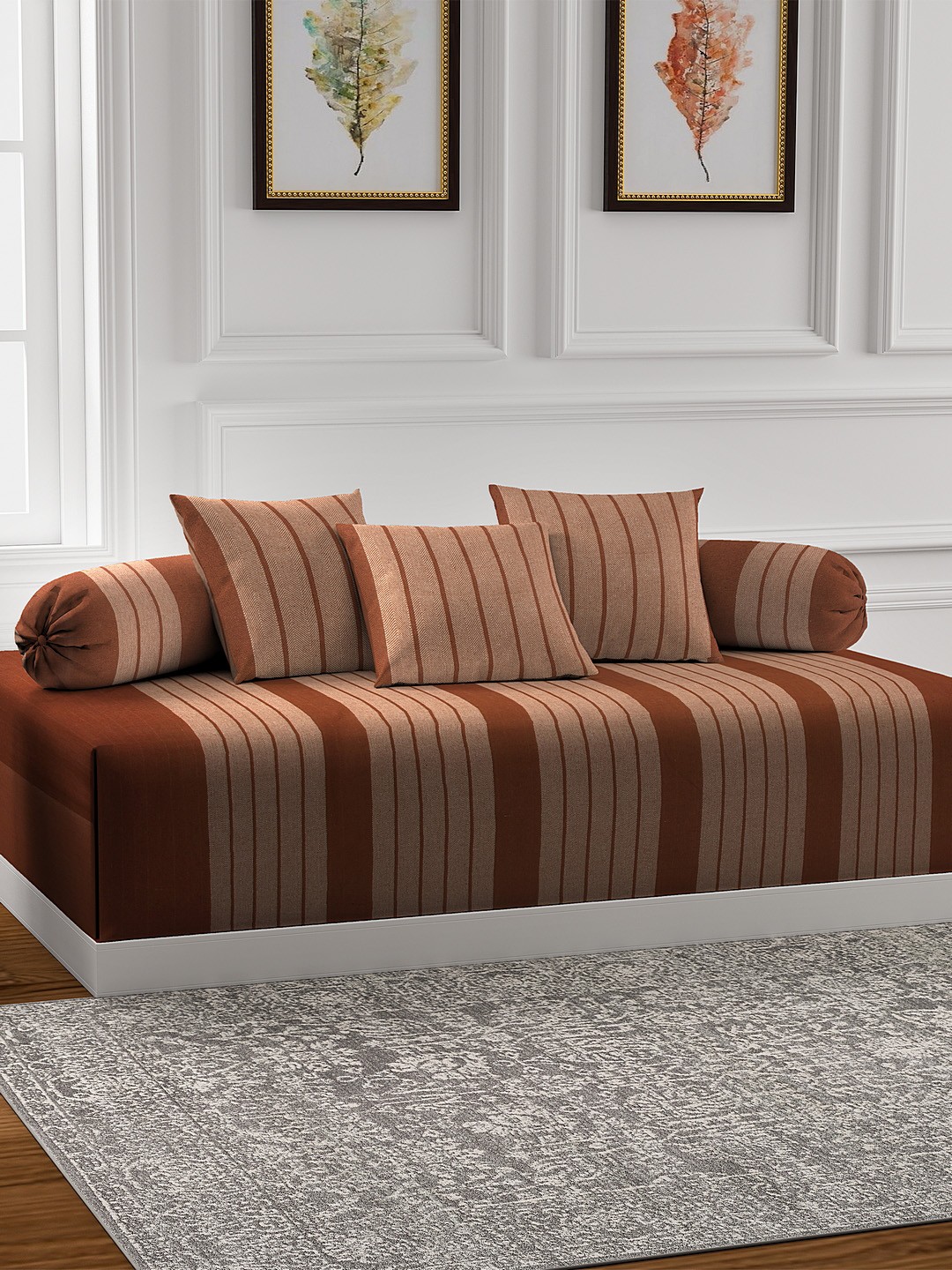 

KLOTTHE Set Of 6 Brown Striped Bedsheet With Bolster & Cushion Covers
