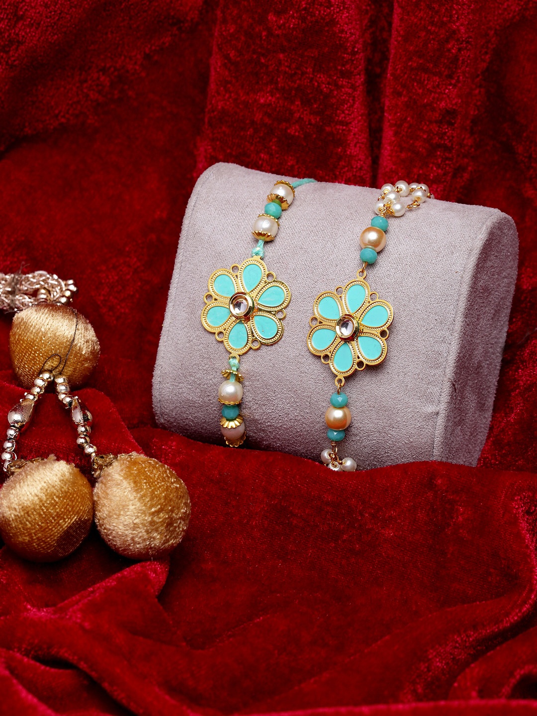 

PANASH Men Gold-Toned & Turquoise Blue Gold-Plated Handcrafted Wraparound Rakhi
