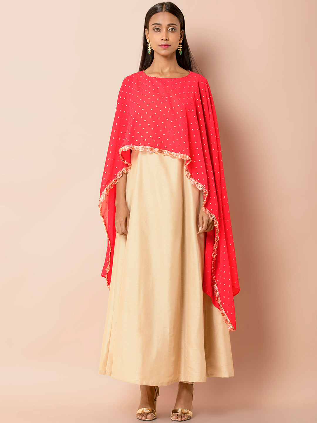 

INDYA Women Beige Red Embroidered Maxi Dress with Attached Pink Foil Cape