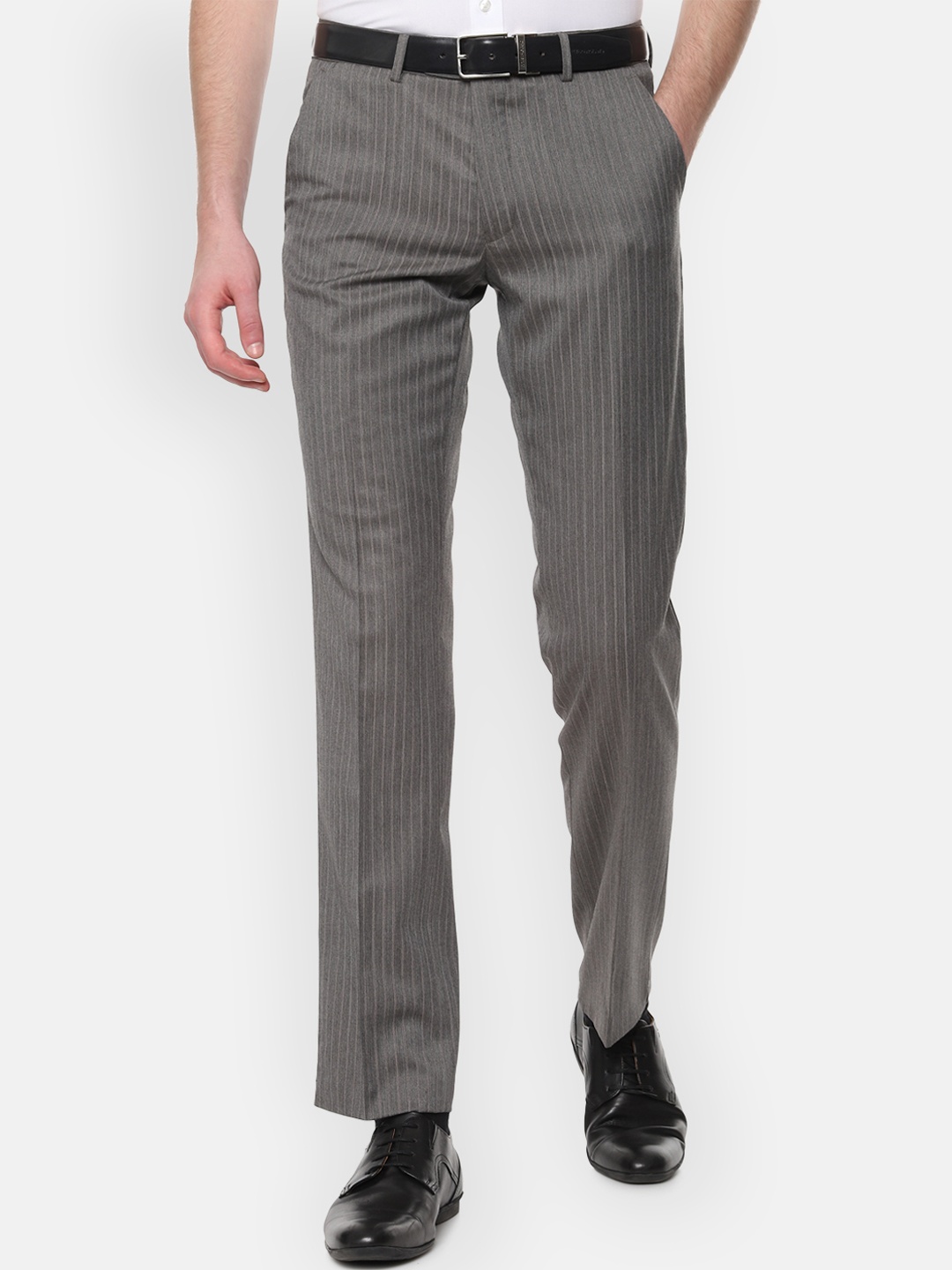 Van Heusen Men Grey Slim Fit Striped Formal Trousers