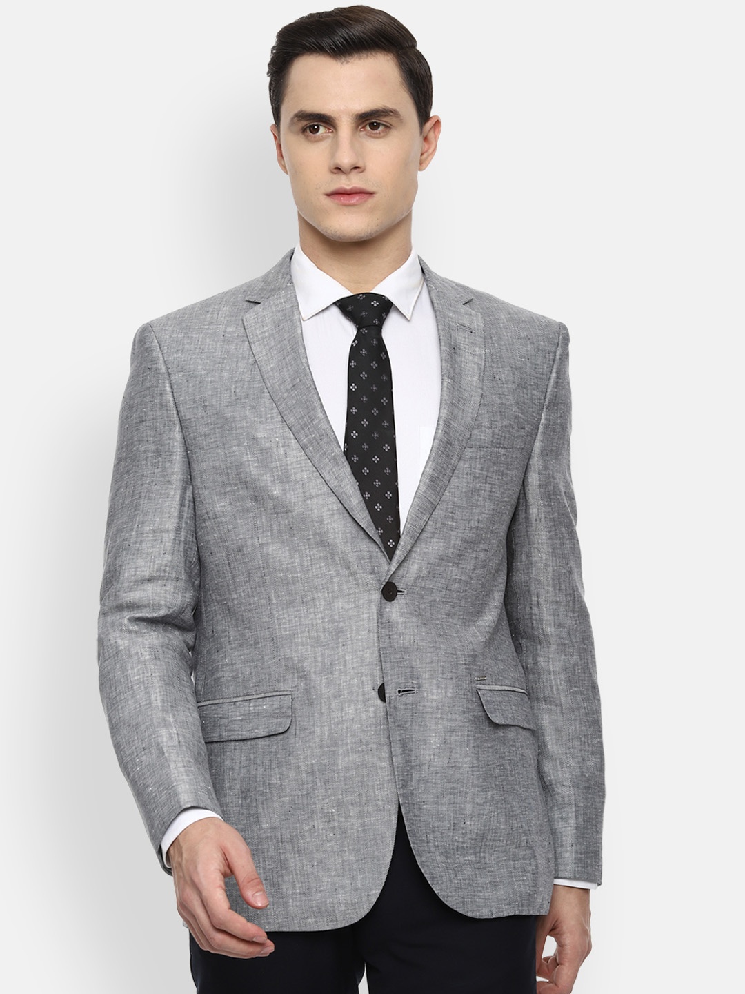 

Van Heusen Sport Men Grey Self-Design Slim-Fit Single-Breasted Pure Linen Formal Blazer