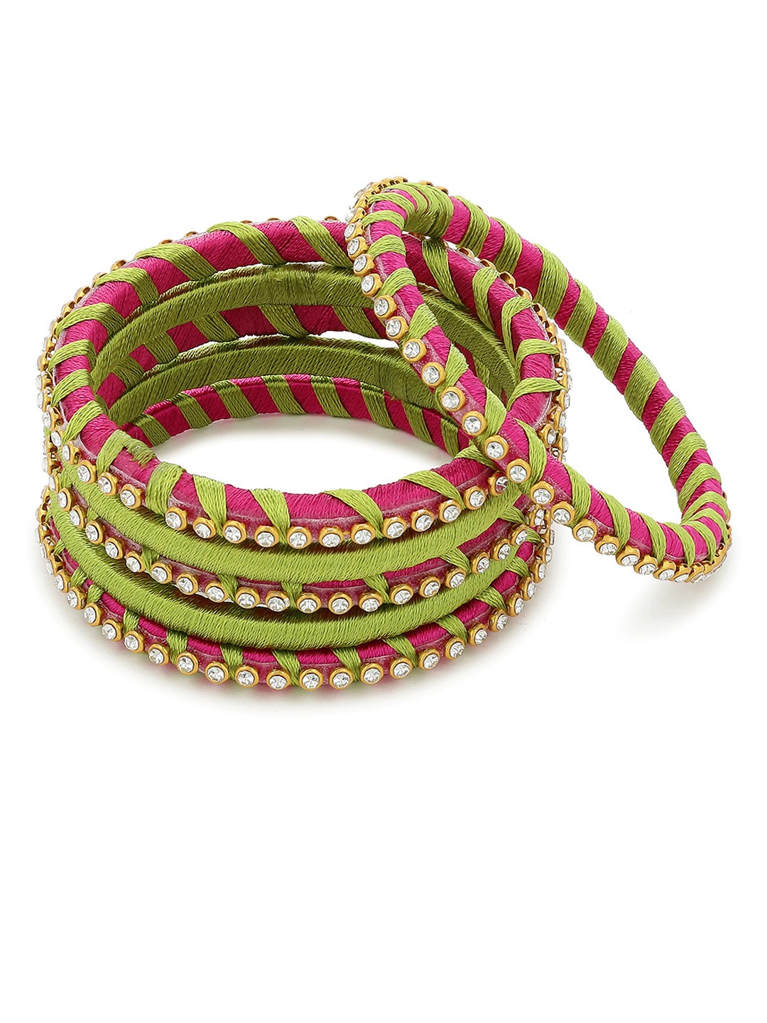 

AKSHARA Girls Set of 6 Green & Pink Stone-Studded Handcrafted Silk Thread Bangles