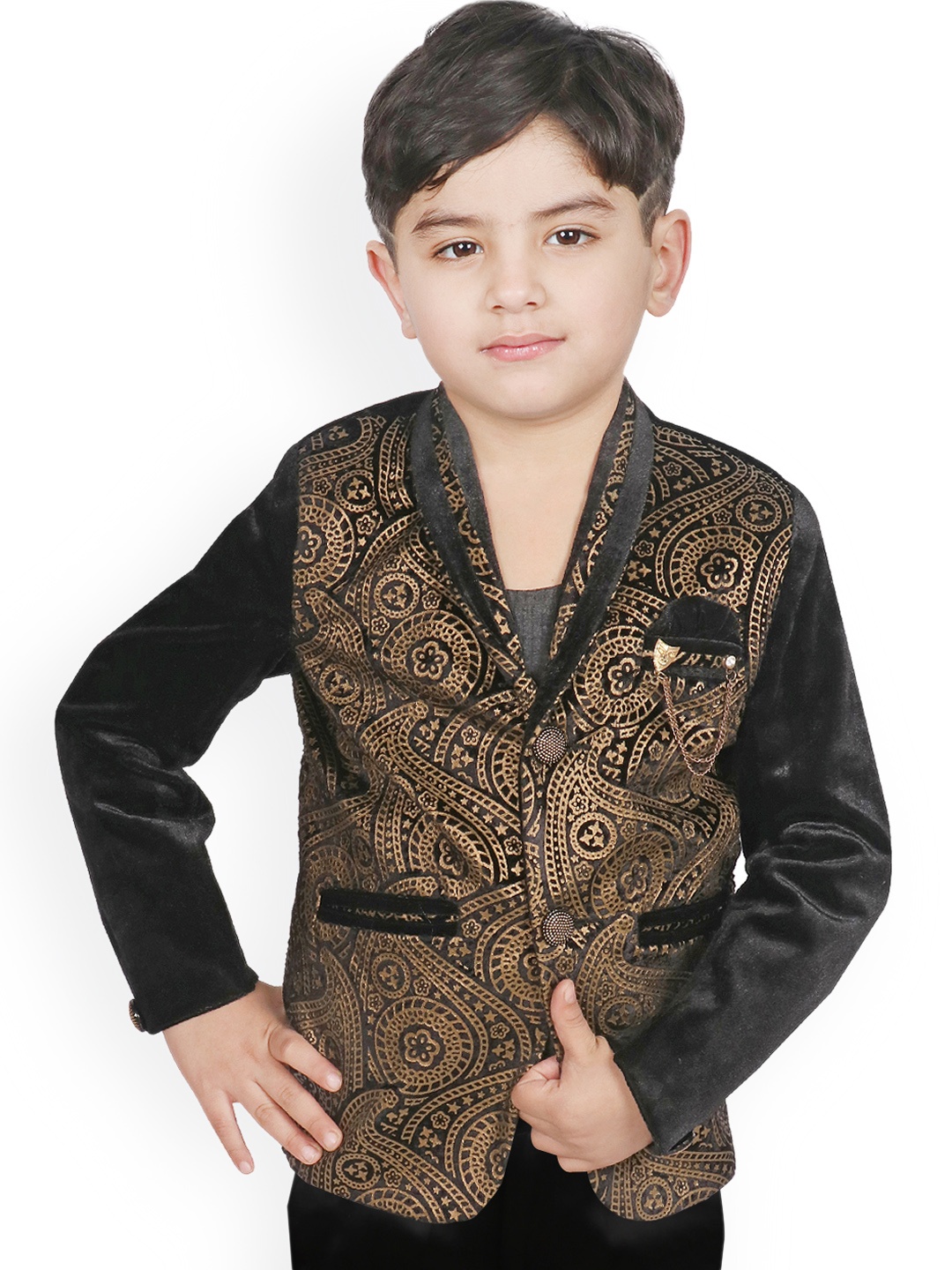 

SG YUVRAJ Boys Black & Gold-Colour Printed Slim-Fit Single-Breasted Party Blazer