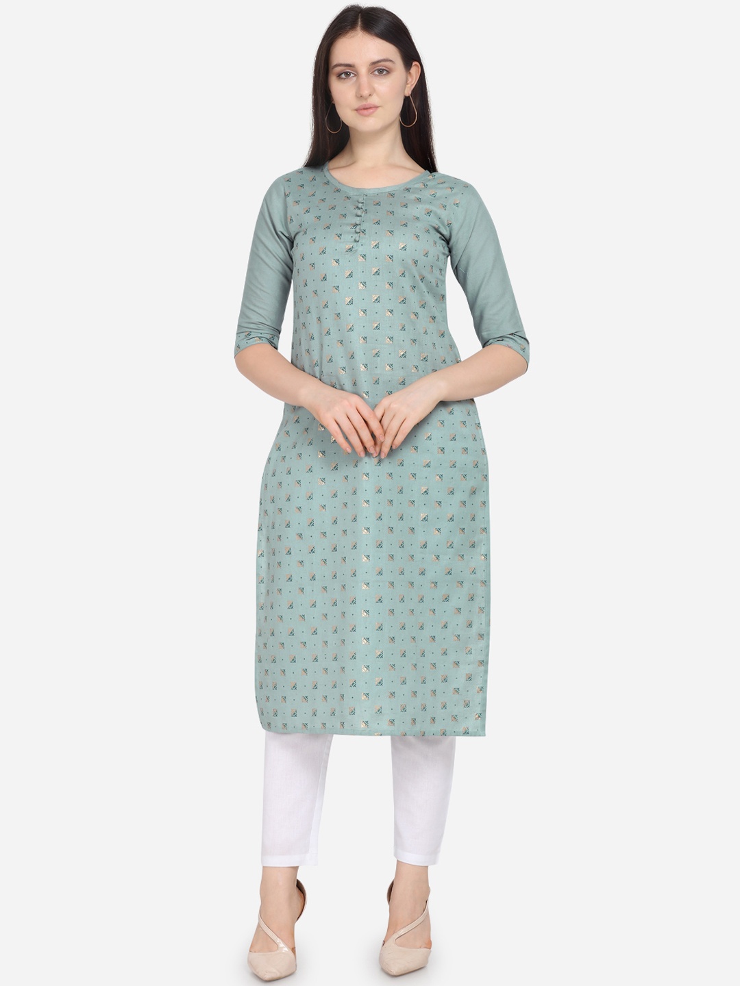 

Kvsfab Women Green Printed Straight Kurta