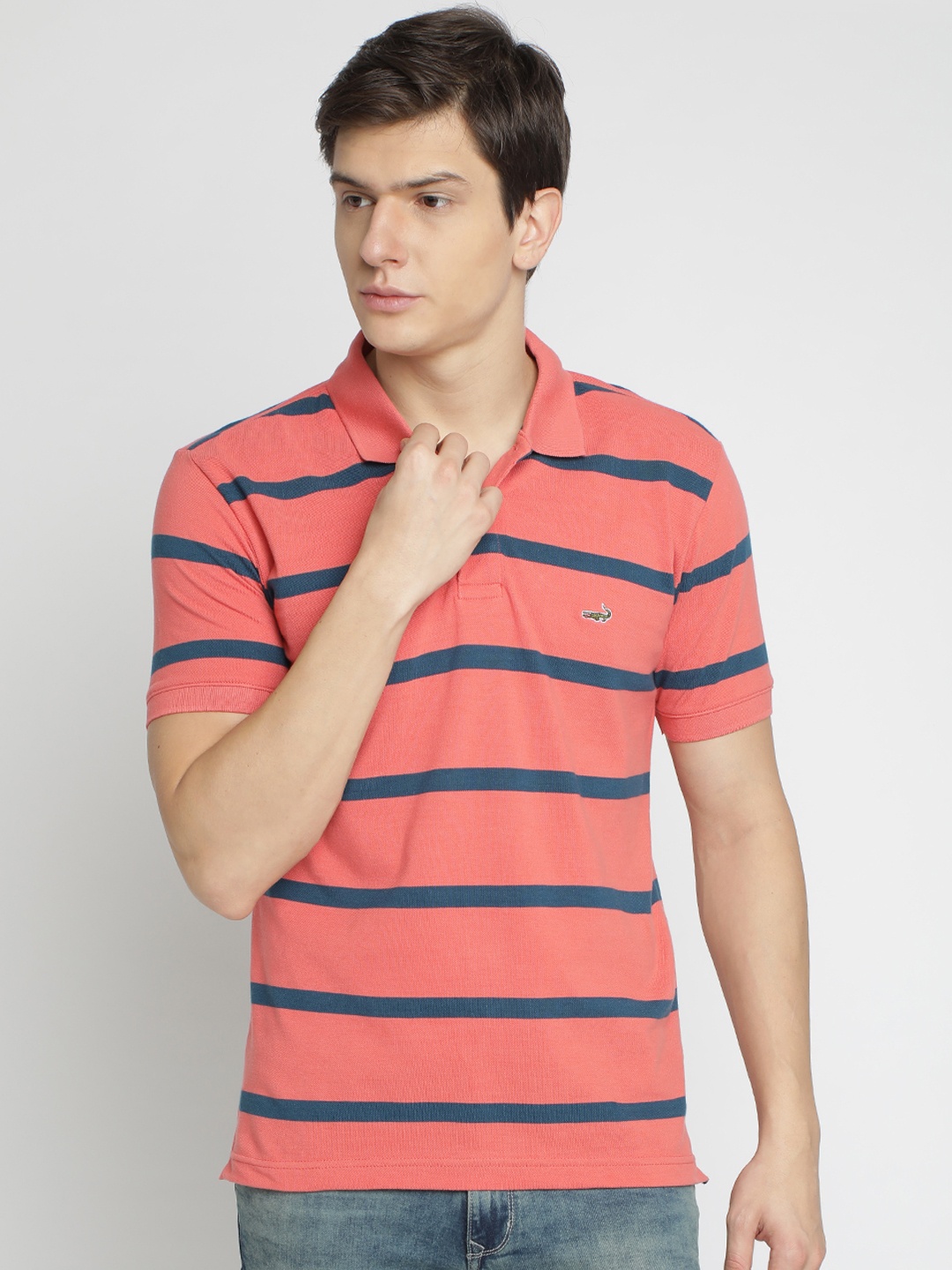 

Crocodile Men Peach & Blue Striped Polo Collar T-shirt