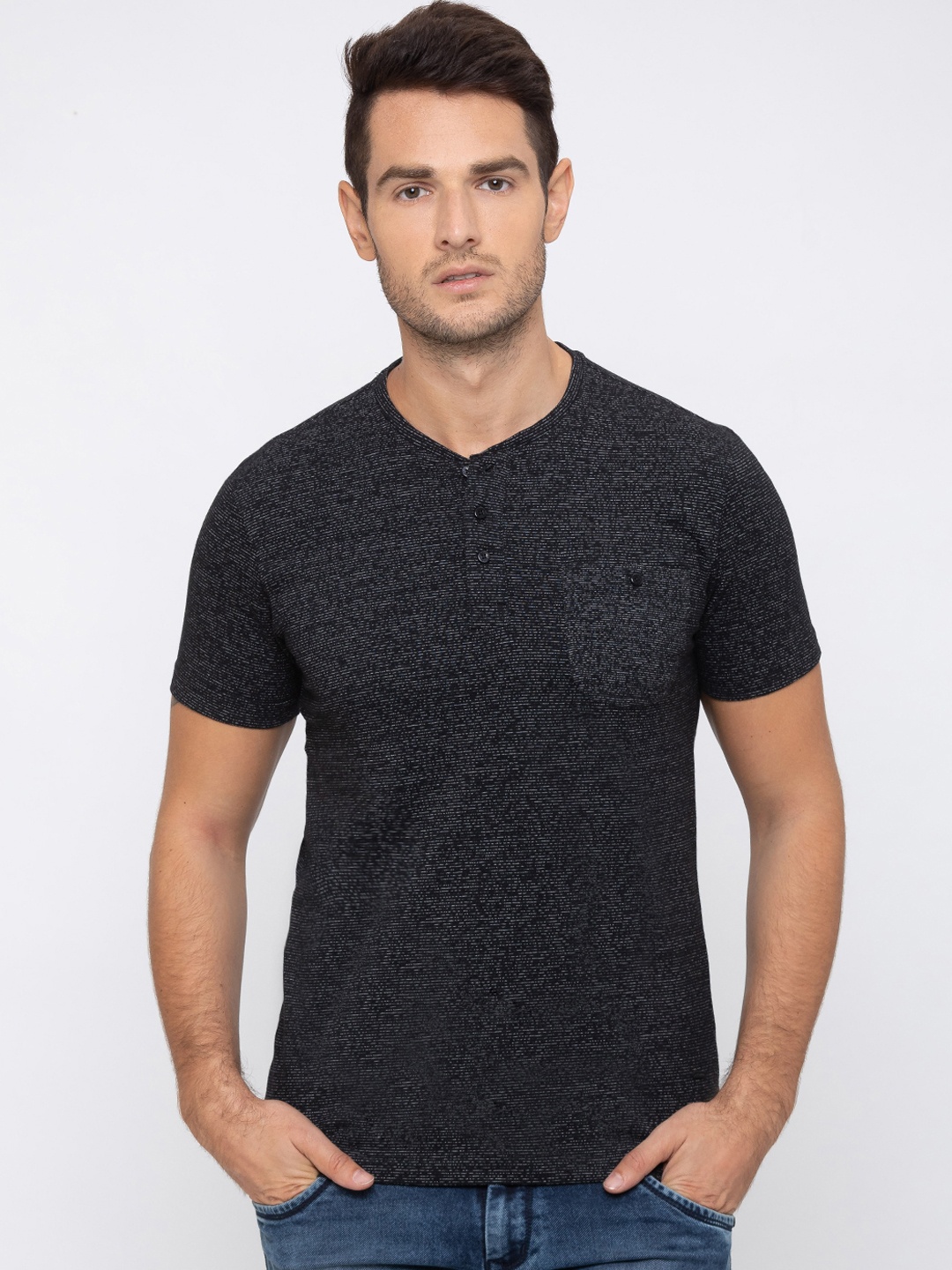

Globus Men Black Self Design Round Neck T-shirt