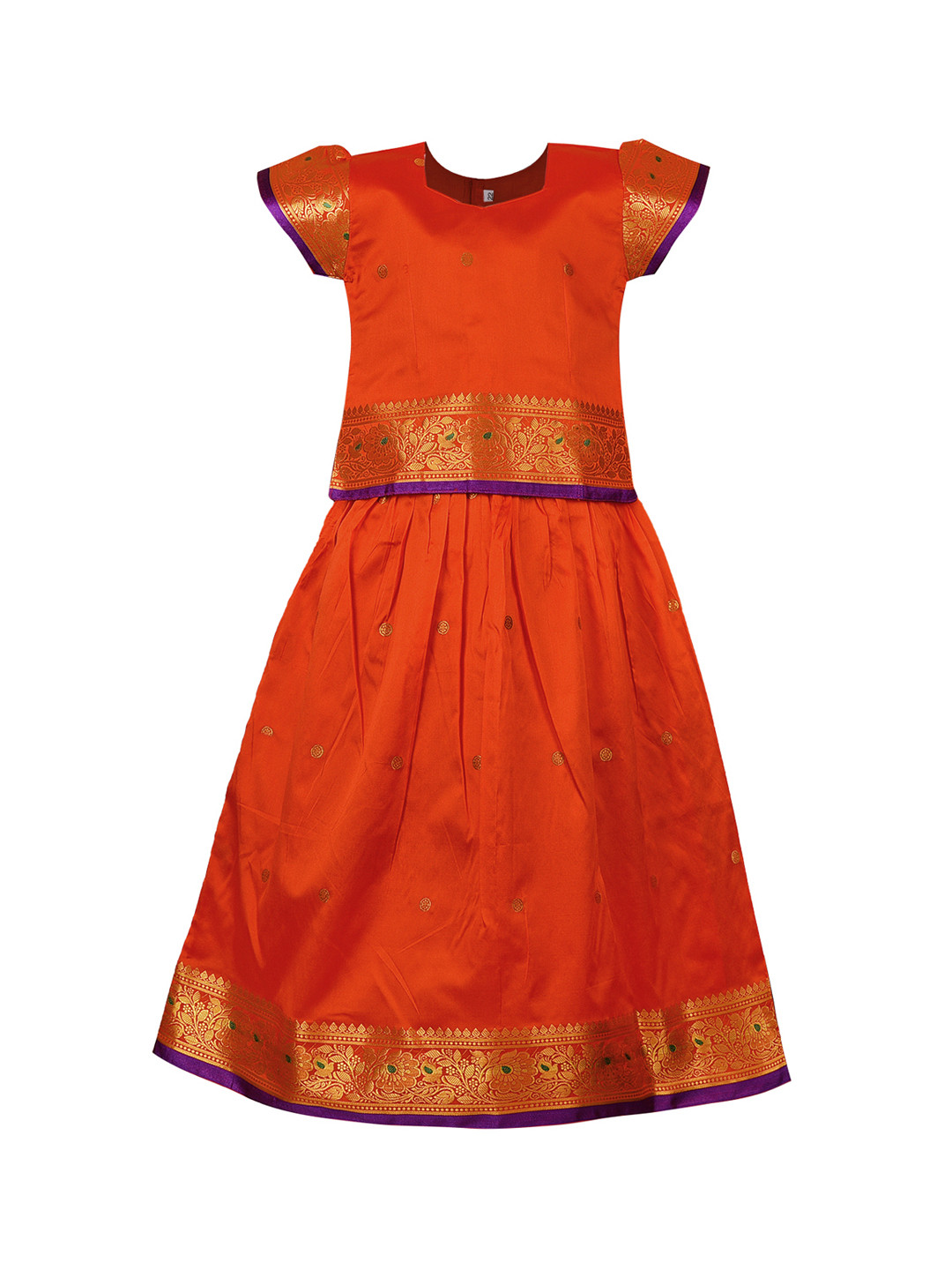 

Wish Karo Girls Orange Ready to Wear Pattu Pavadai