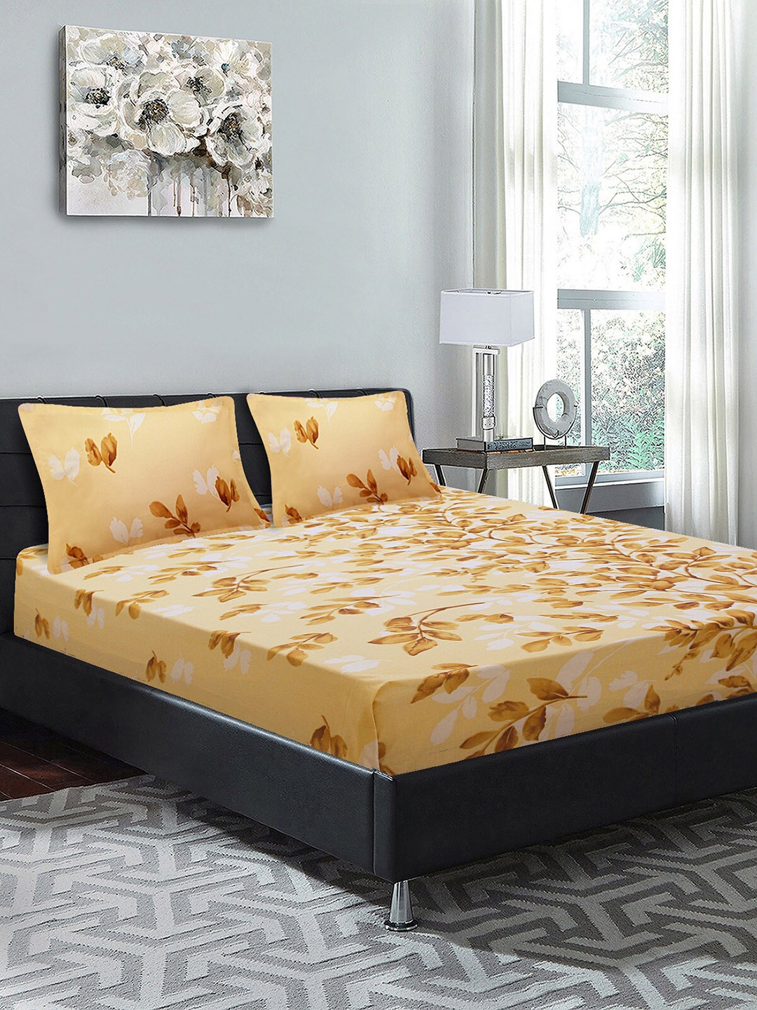 

Good Homes by Home Candy Yellow Floral 144 TC Cotton 1 King Bedsheet with 2 Pillow Covers