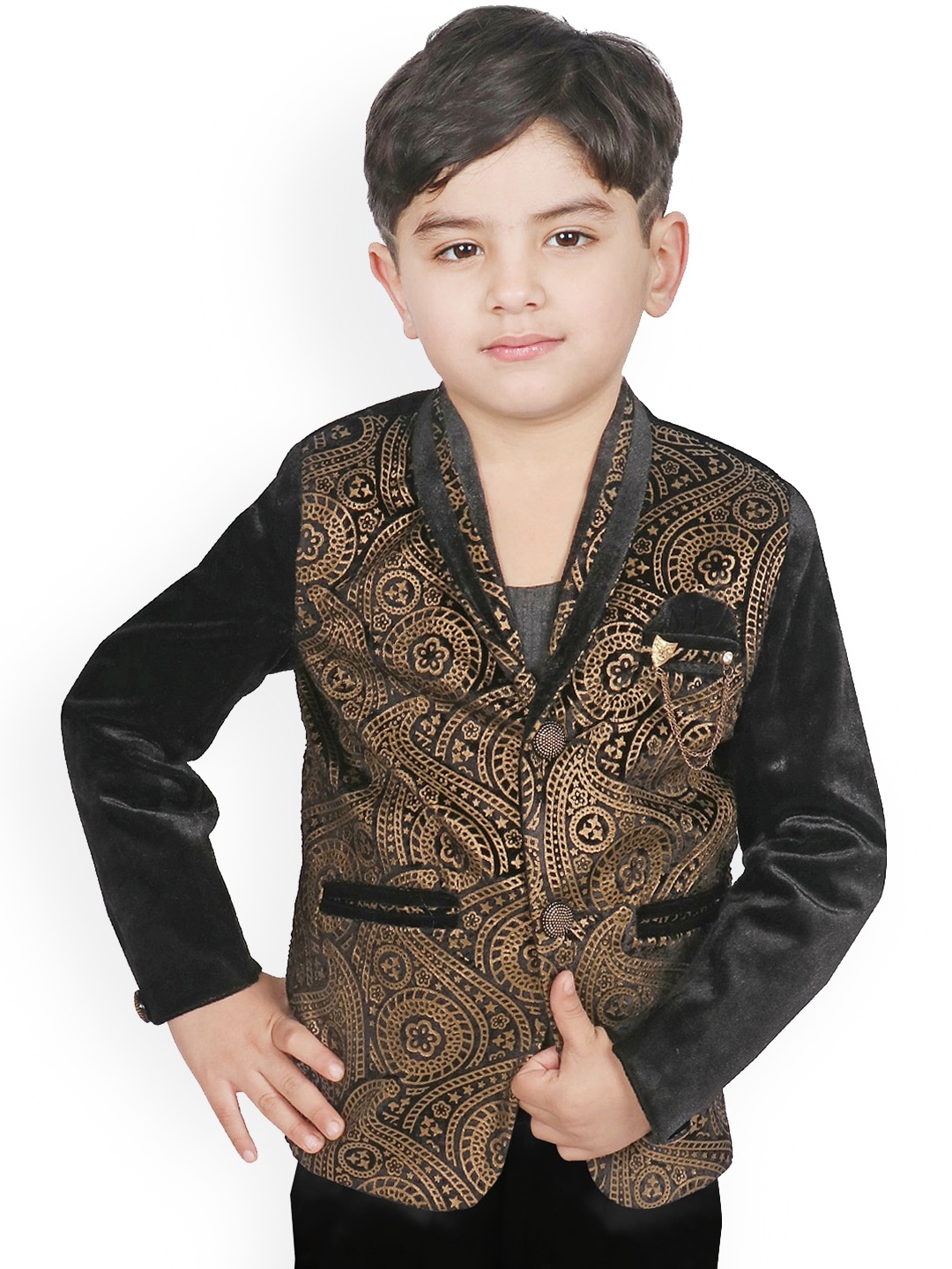 

SG YUVRAJ Boys Black & Gold-Coloured Printed Slim-Fit Tuxedo Party Blazer