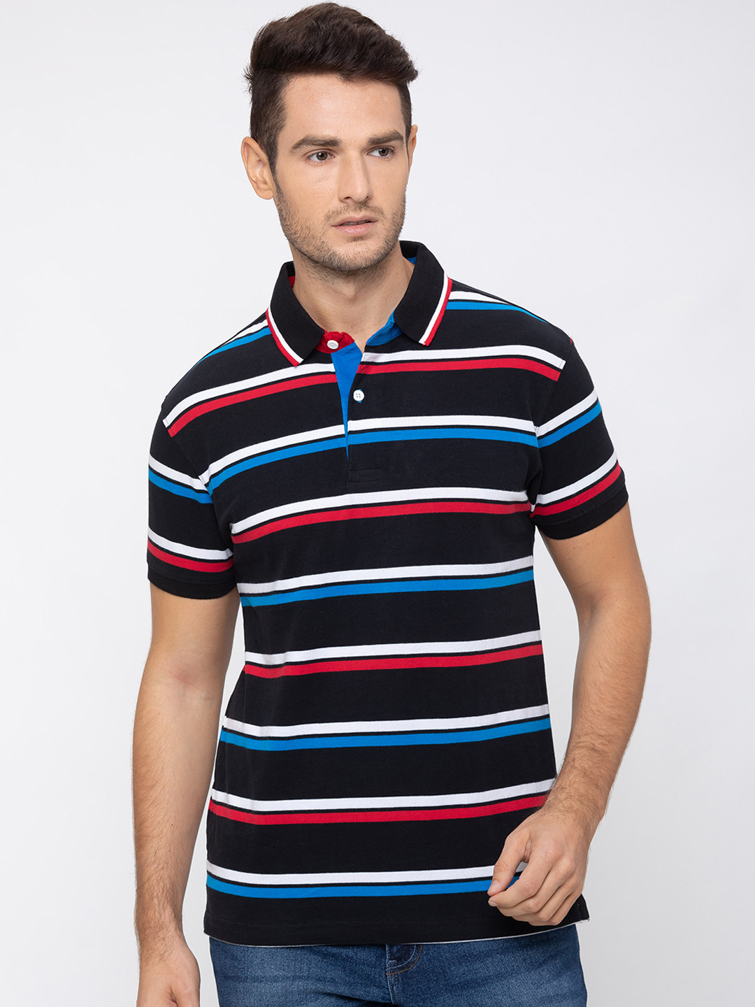 

Globus Men Black Striped Polo Collar T-shirt