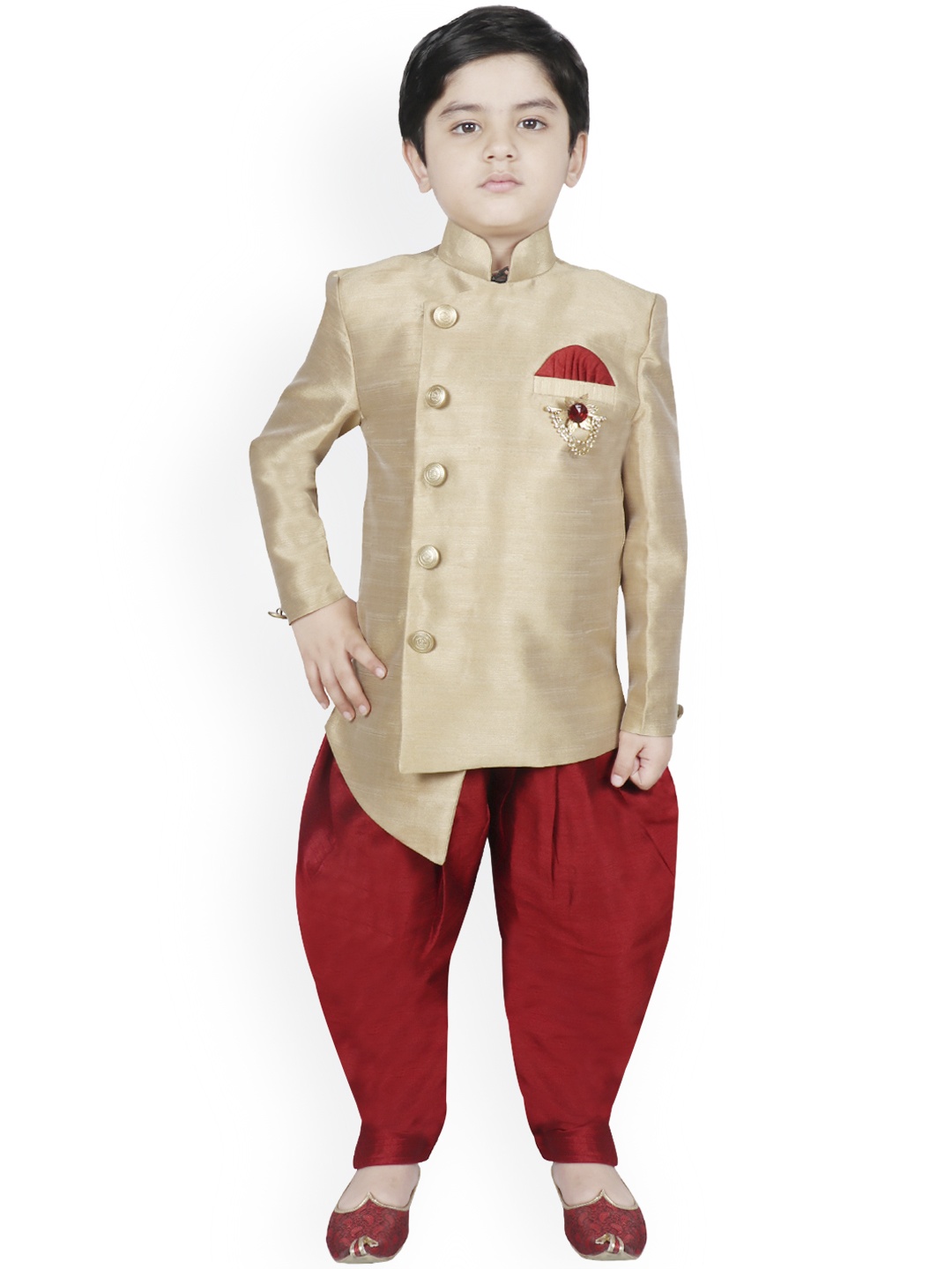 

SG YUVRAJ Boys Gold-Coloured & Maroon Solid Silk Sherwani