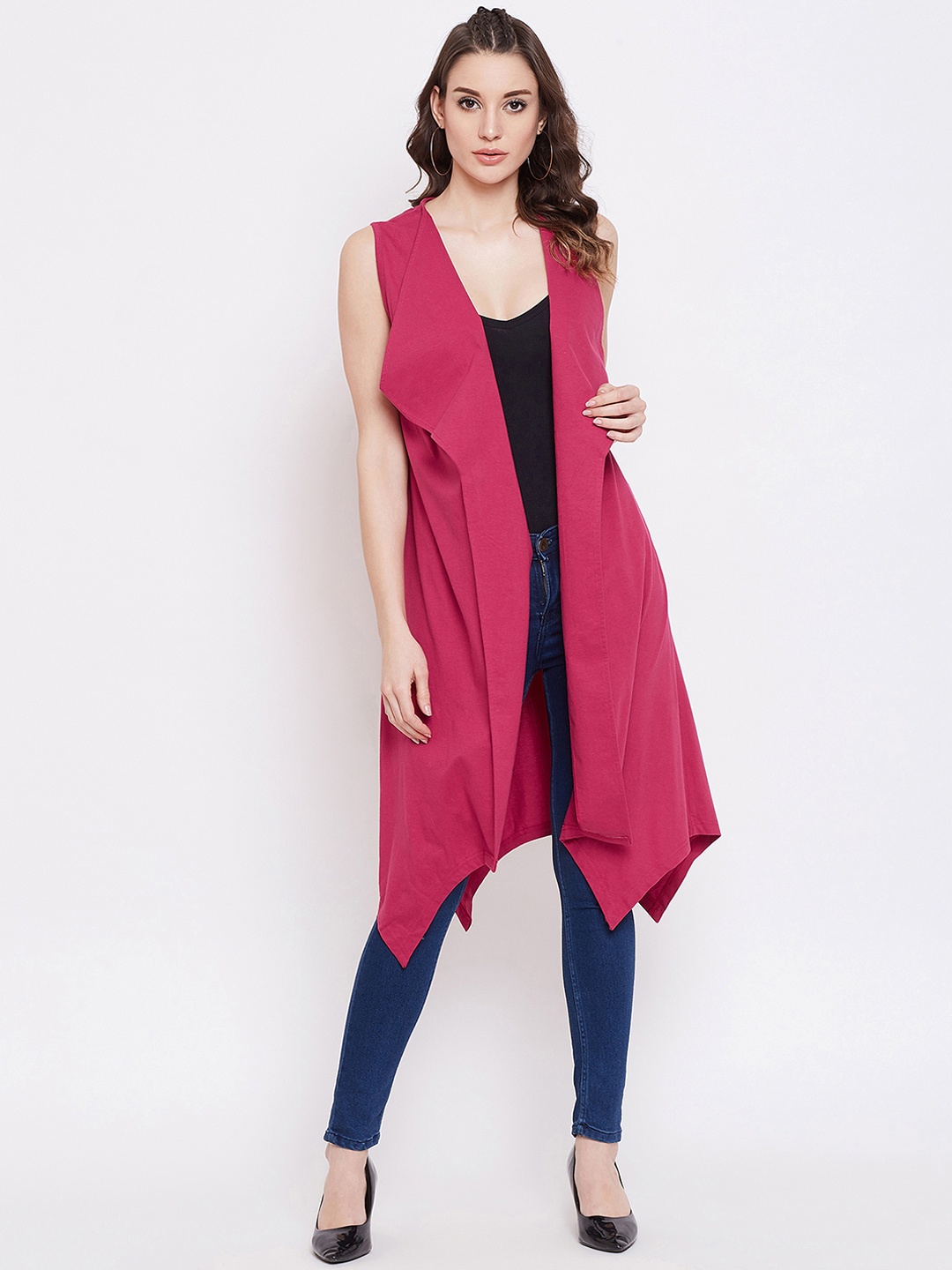 

Hypernation Women Fuchsia Pink Solid Open Front Shrug
