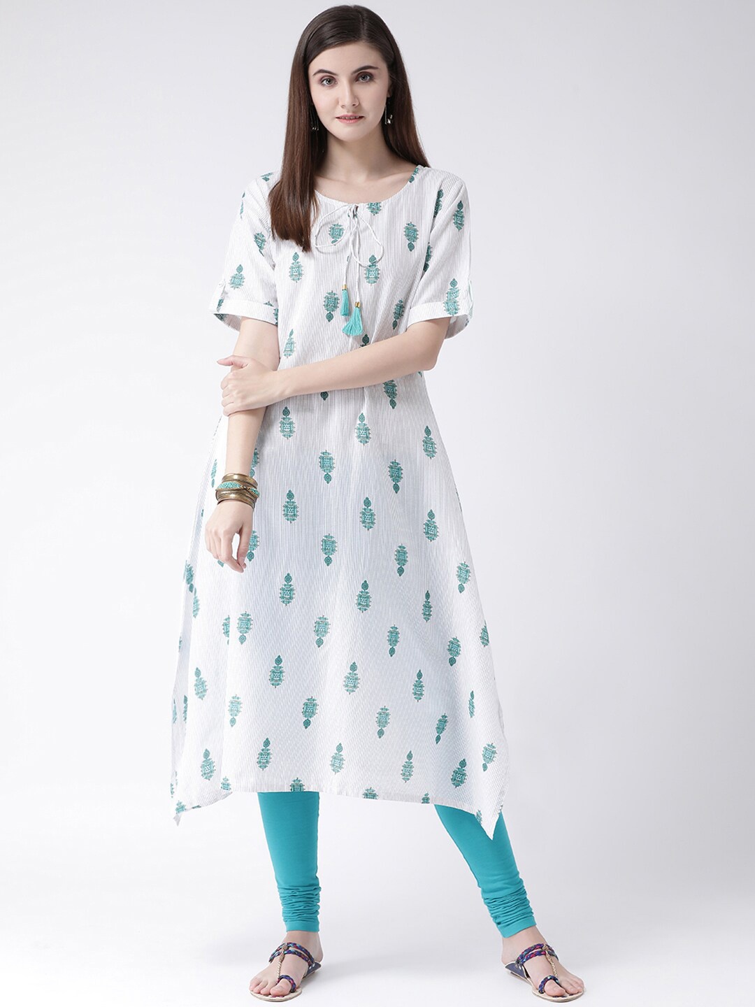 

Span Women White & Sea Green Printed A-Line Kurta