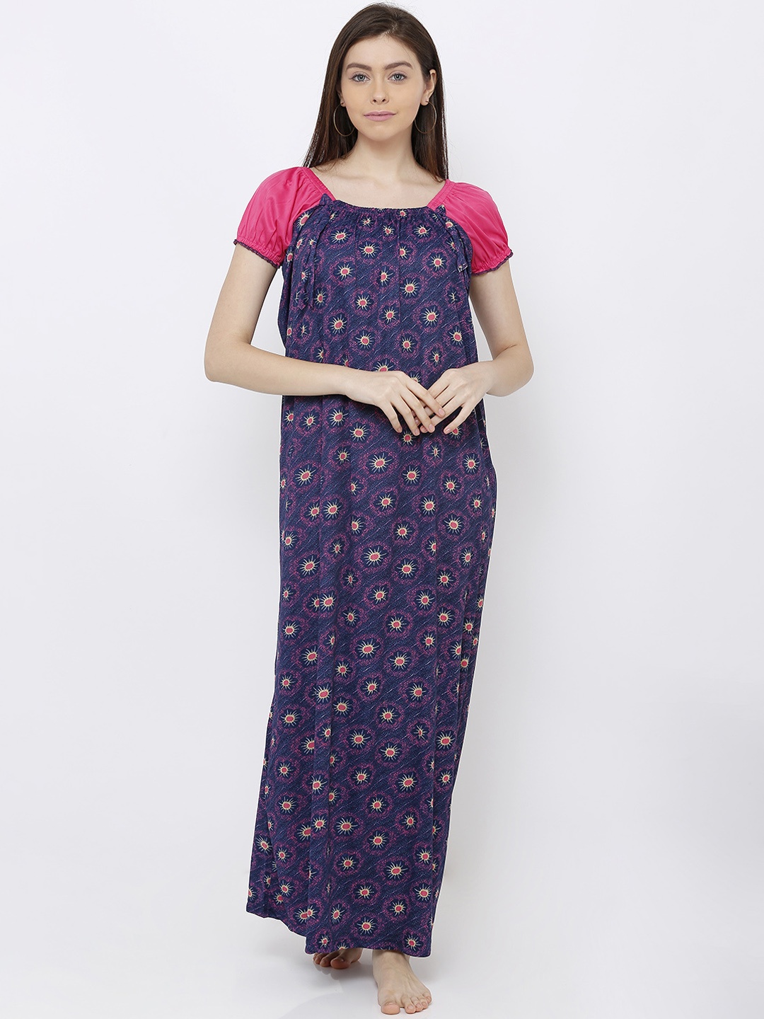 

Pretty Awesome Navy Blue & Pink Printed Nightdress