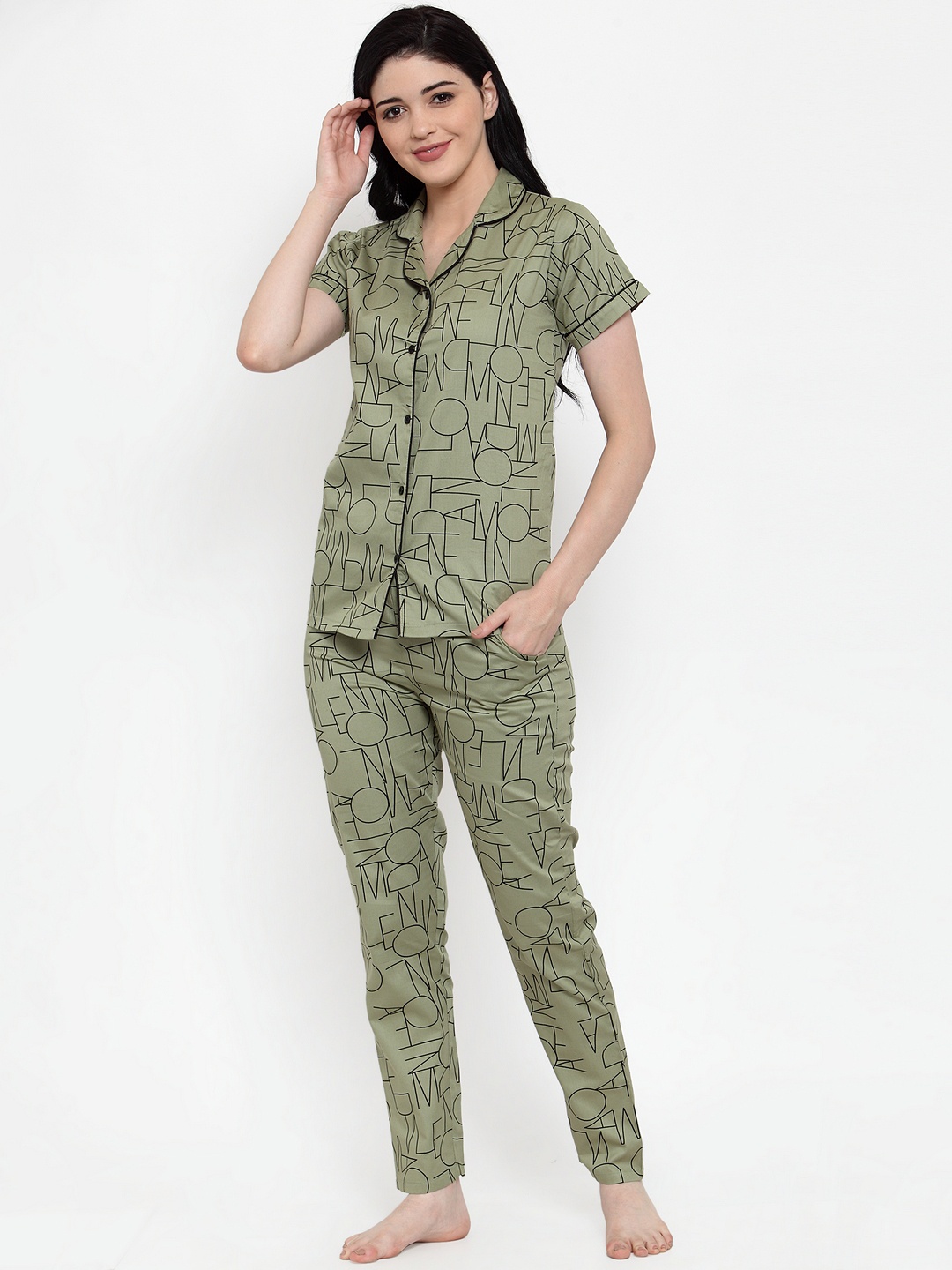 

Claura Women Olive Green & Black Printed Night suit