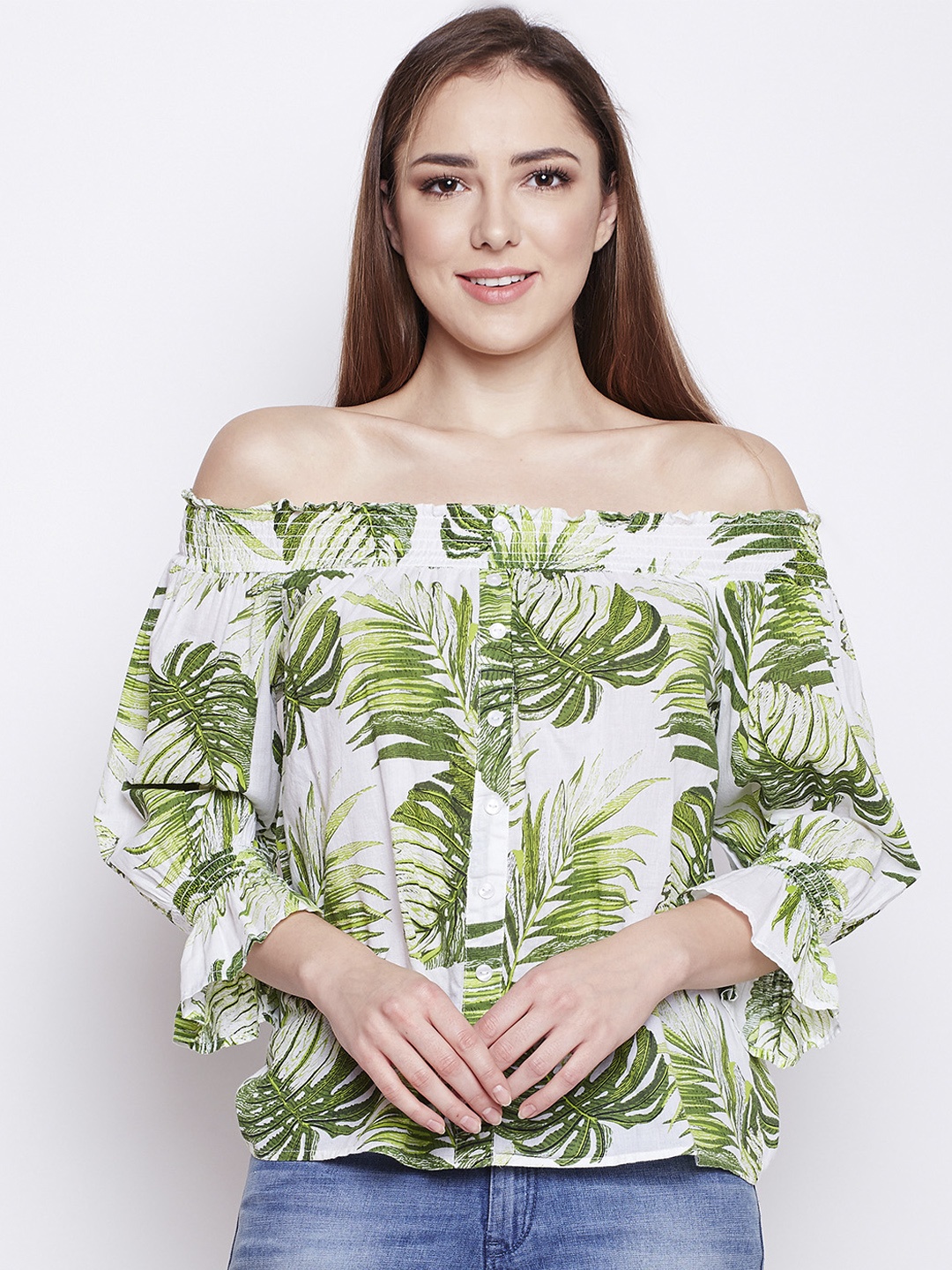 

Oxolloxo Women Off-White & Green Printed Bardot Pure Cotton Top