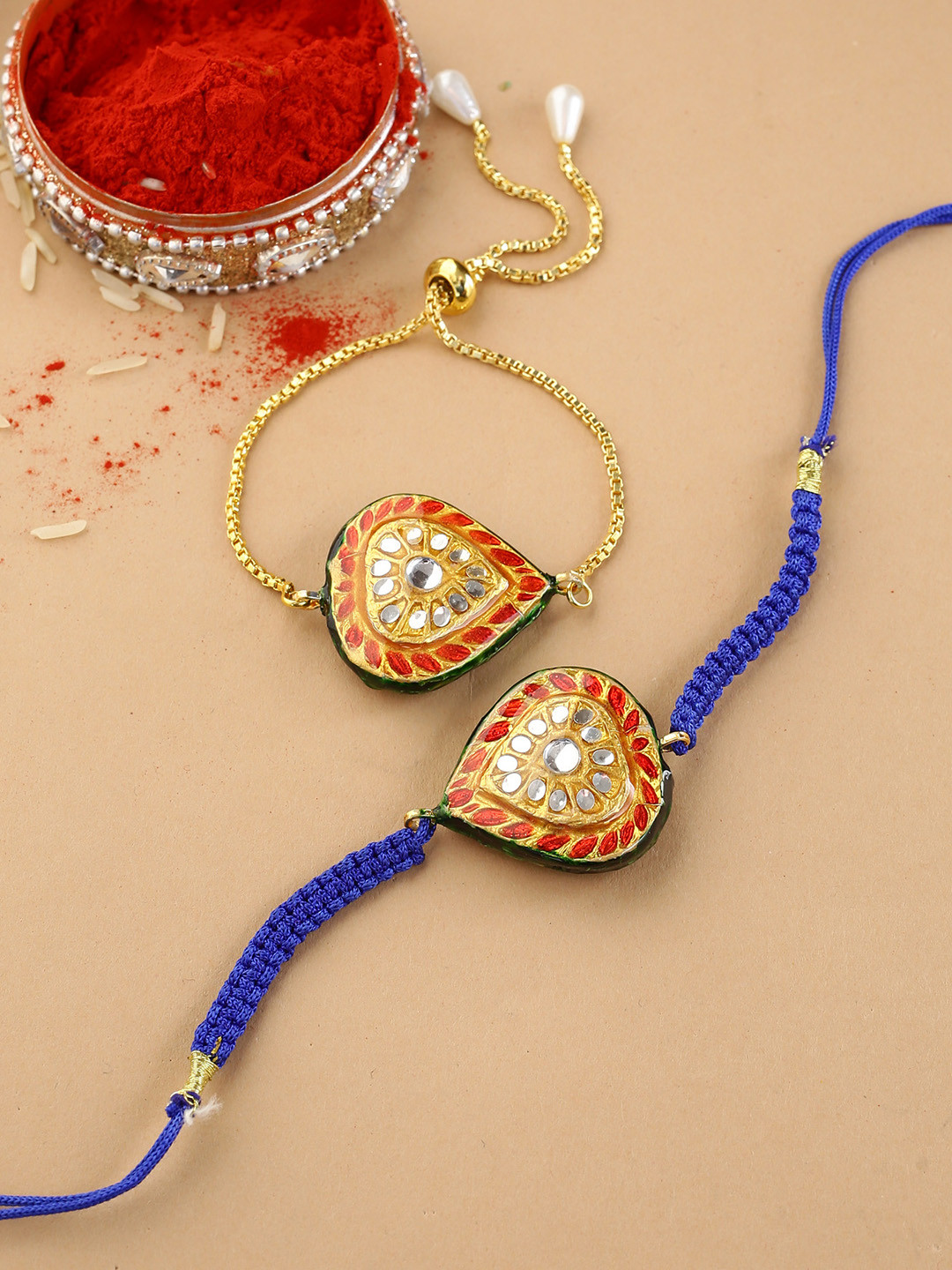 

Shoshaa Set Of 2 Reversible Meenakari Kundan Bracelet Bhai-Bhabhi Rakhis, Blue
