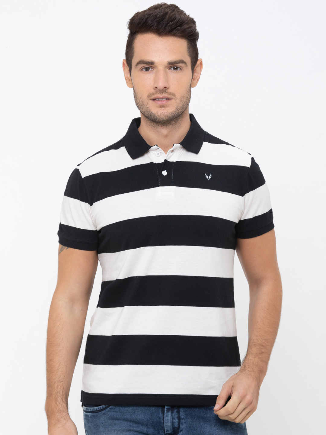 

Globus Men White & Black Striped Polo Collar T-shirt