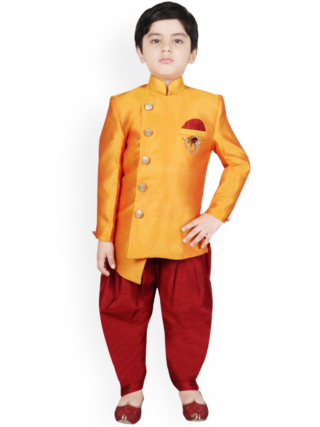

SG YUVRAJ Boys Mustard Yellow & Maroon Sherwani Set