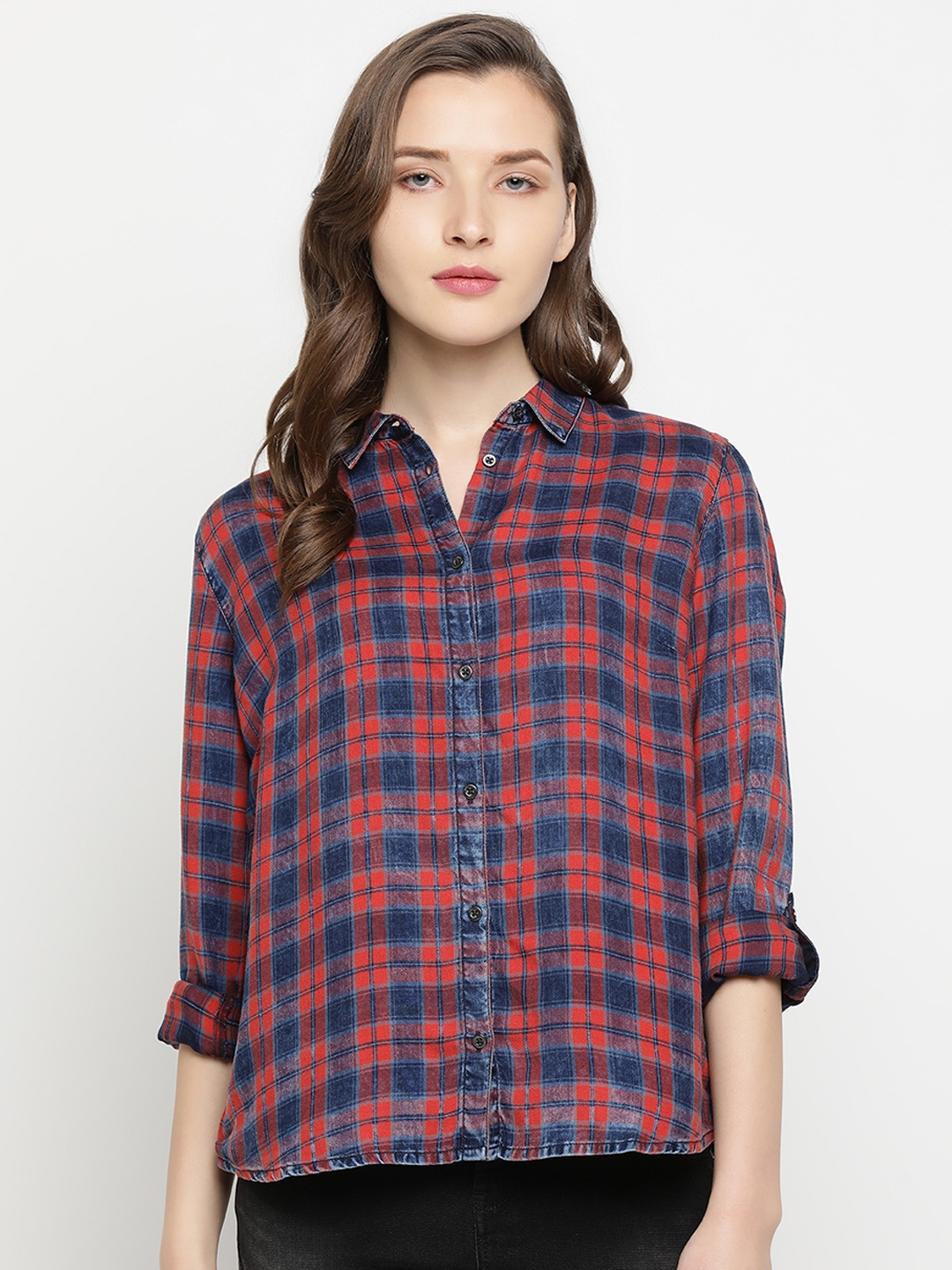 

Pepe Jeans Women Red & Navy Blue Regular Fit Checked Casual Shirt