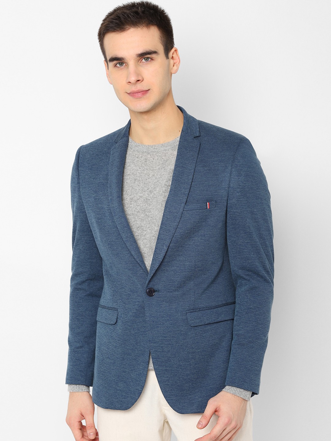 

Allen Solly Men Blue Self-Design Slim-Fit Single-Breasted Formal Pure Cotton Blazer