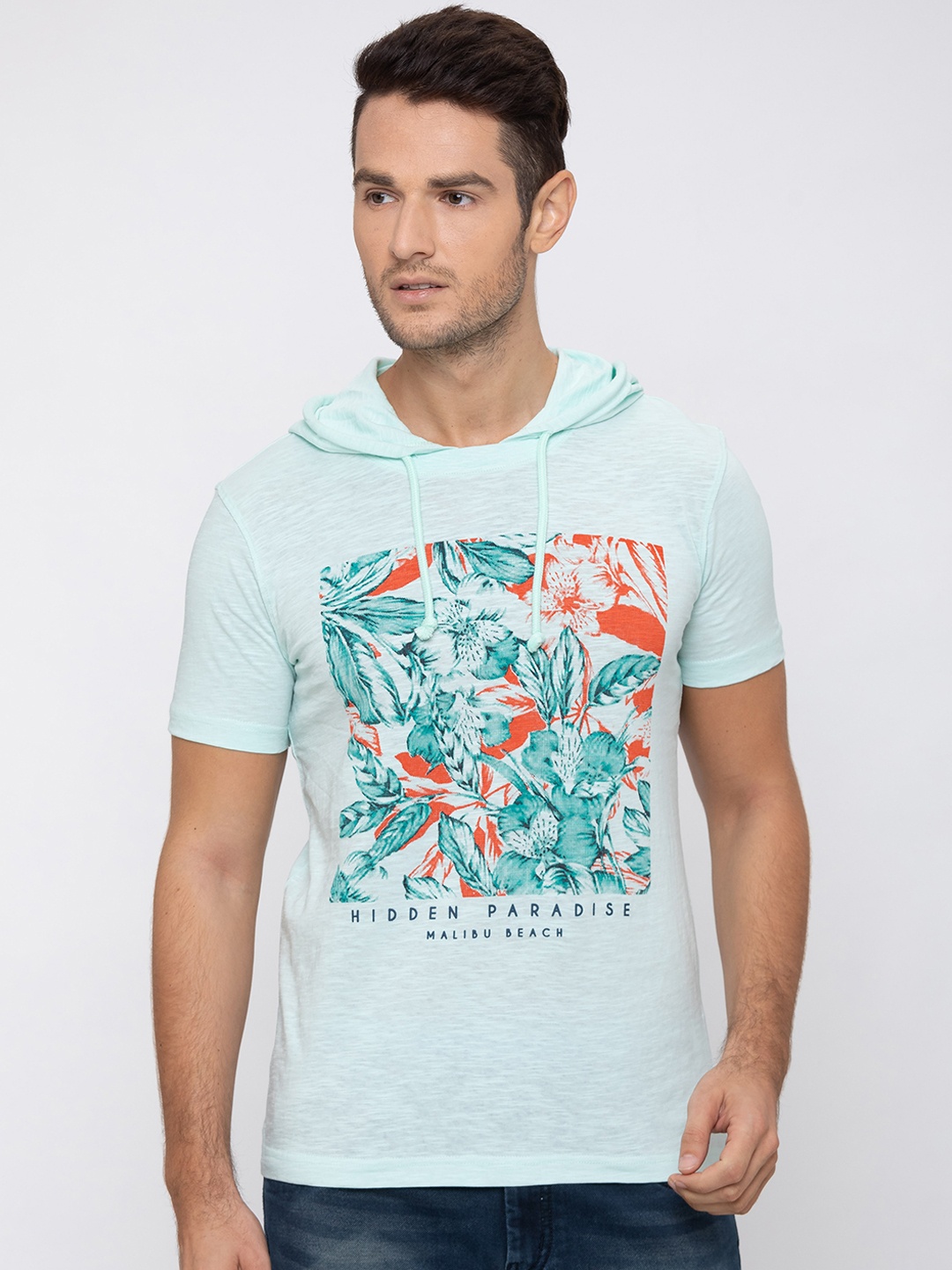 

Globus Men Mint Green Printed Hood T-shirt