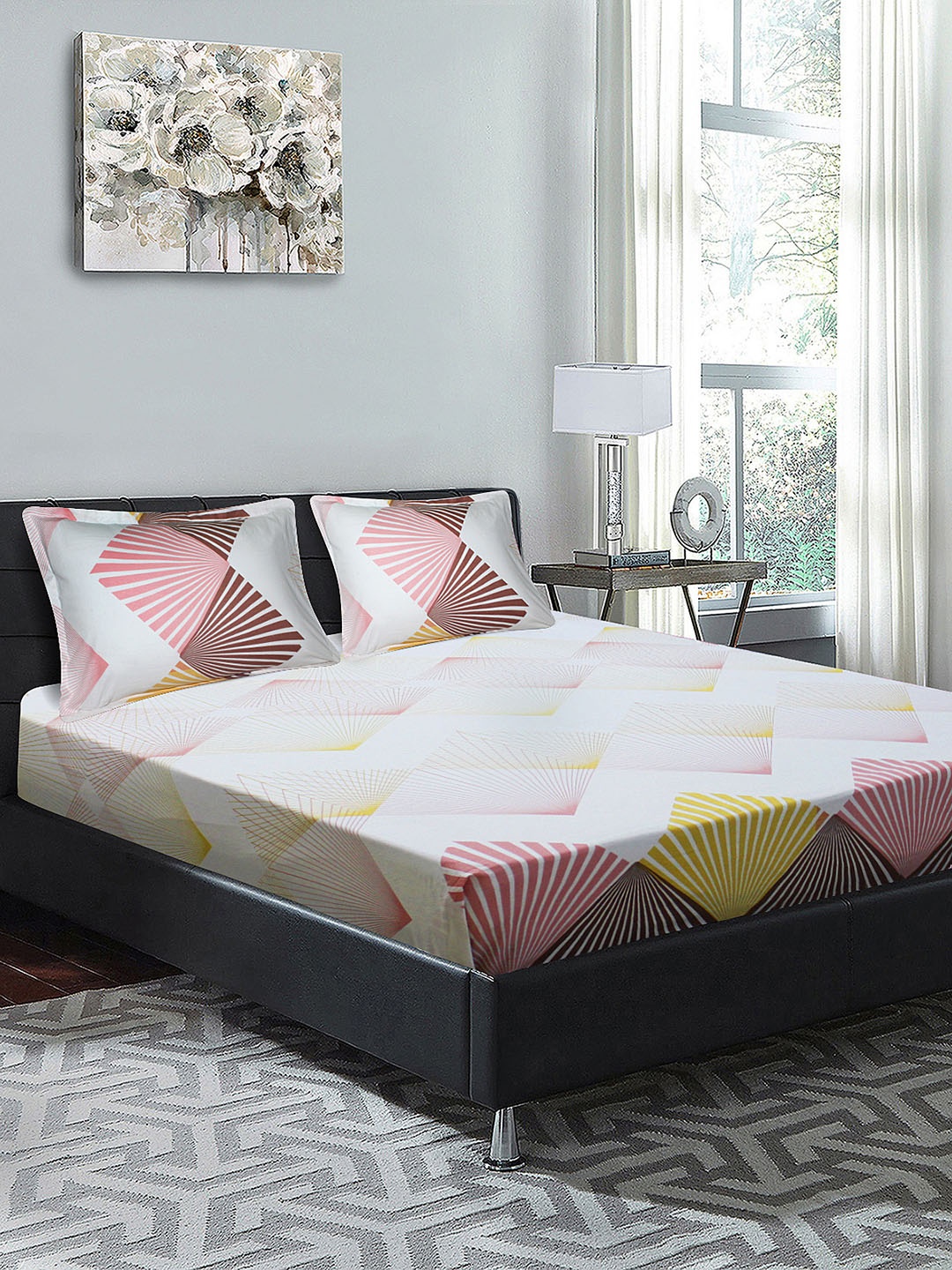 

Good Homes by Home Candy Multicoloured Geometric 144 TC Cotton 1 King Bedsheet with 2 Pillow Covers, Multi