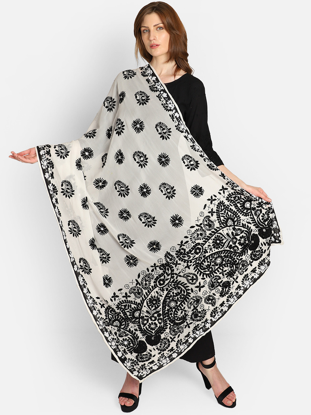 

amraoo White & Black Embroidered Dupatta