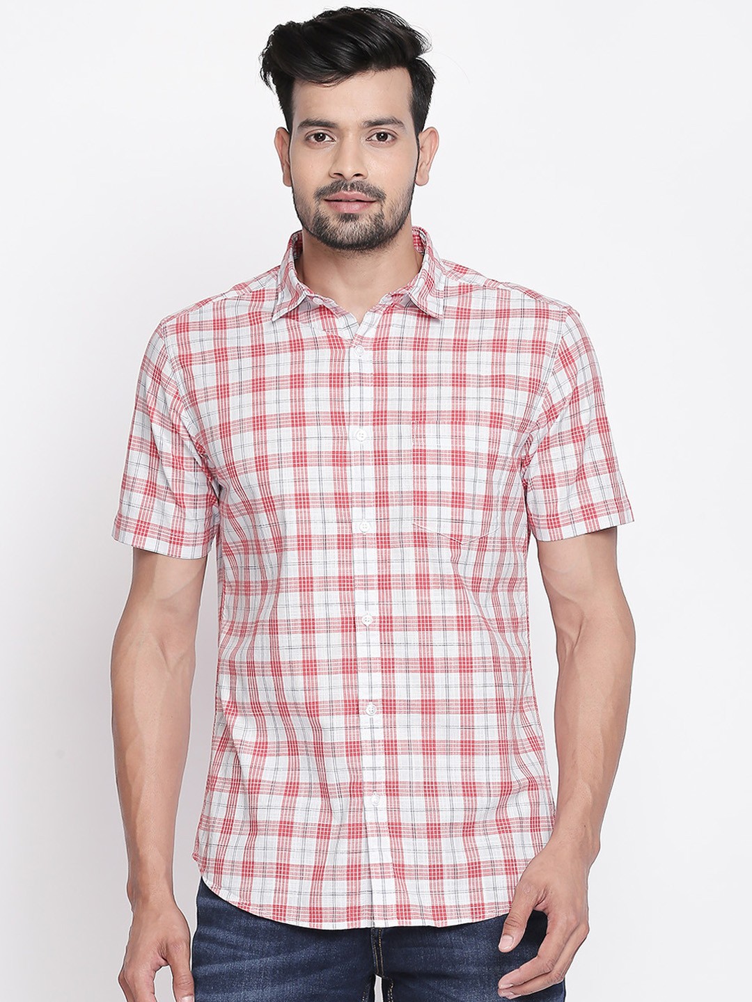 

BYFORD by Pantaloons Men White & Pink Regular Fit Checked Casual Shirt