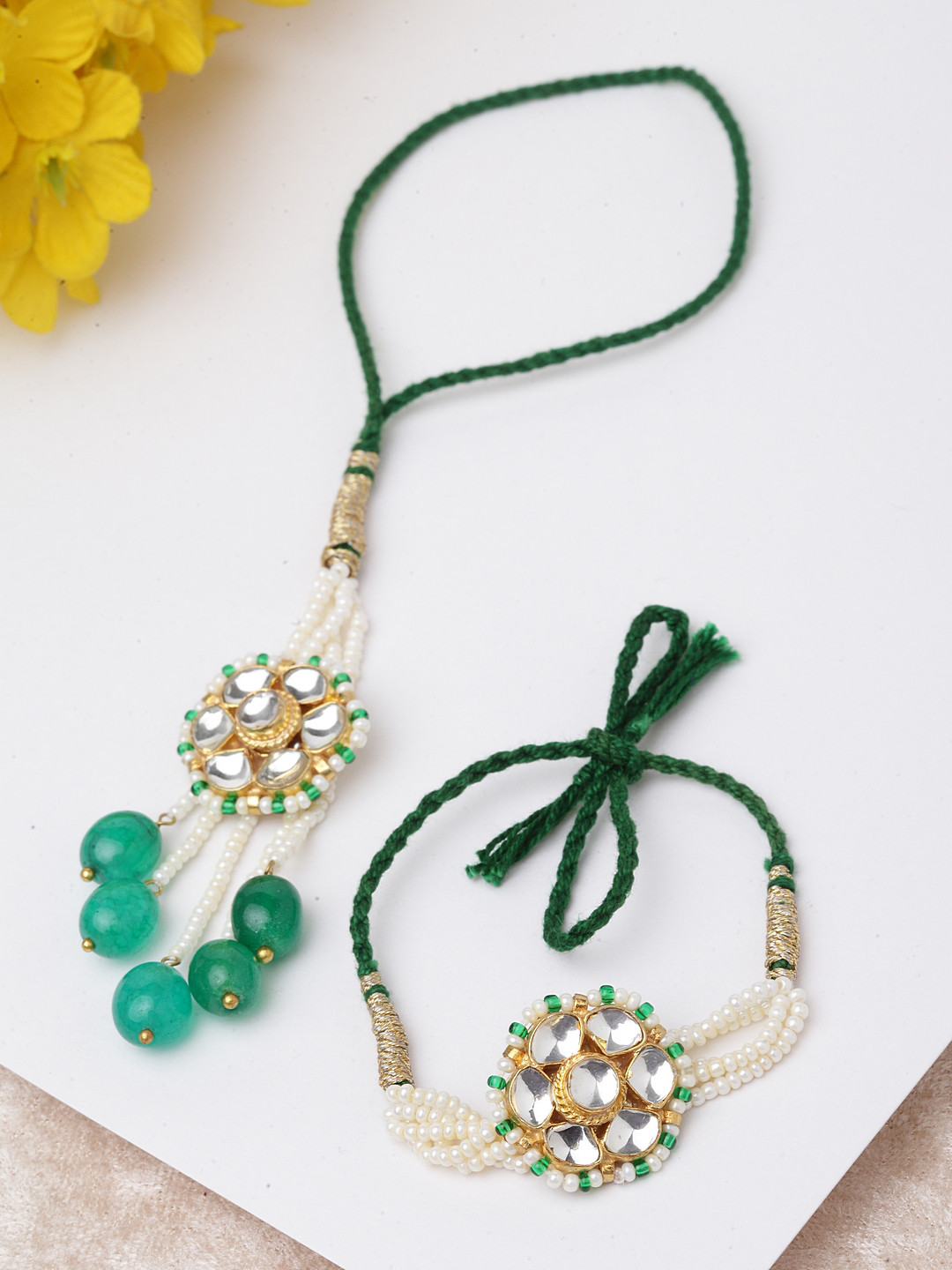 

DUGRISTYLE Unisex White & Green Set of 2 Handcrafted Kundan & Pearl Hariyali Bhai Rakhis