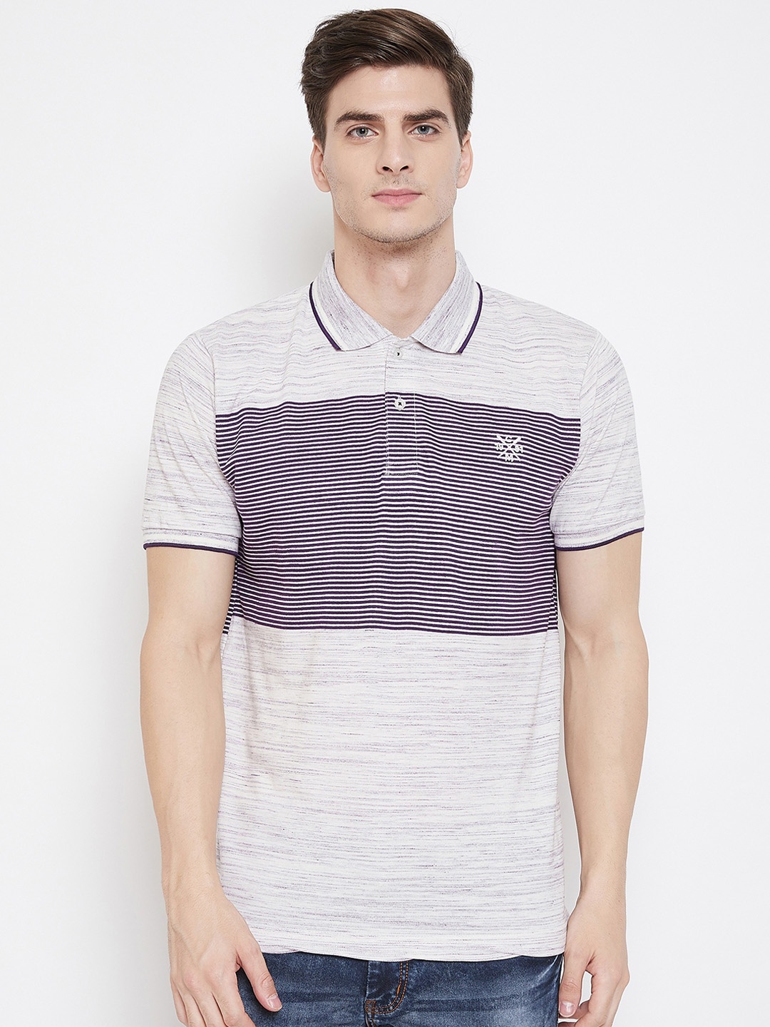 Camey Men Purple & White Striped Polo Collar T-shirt