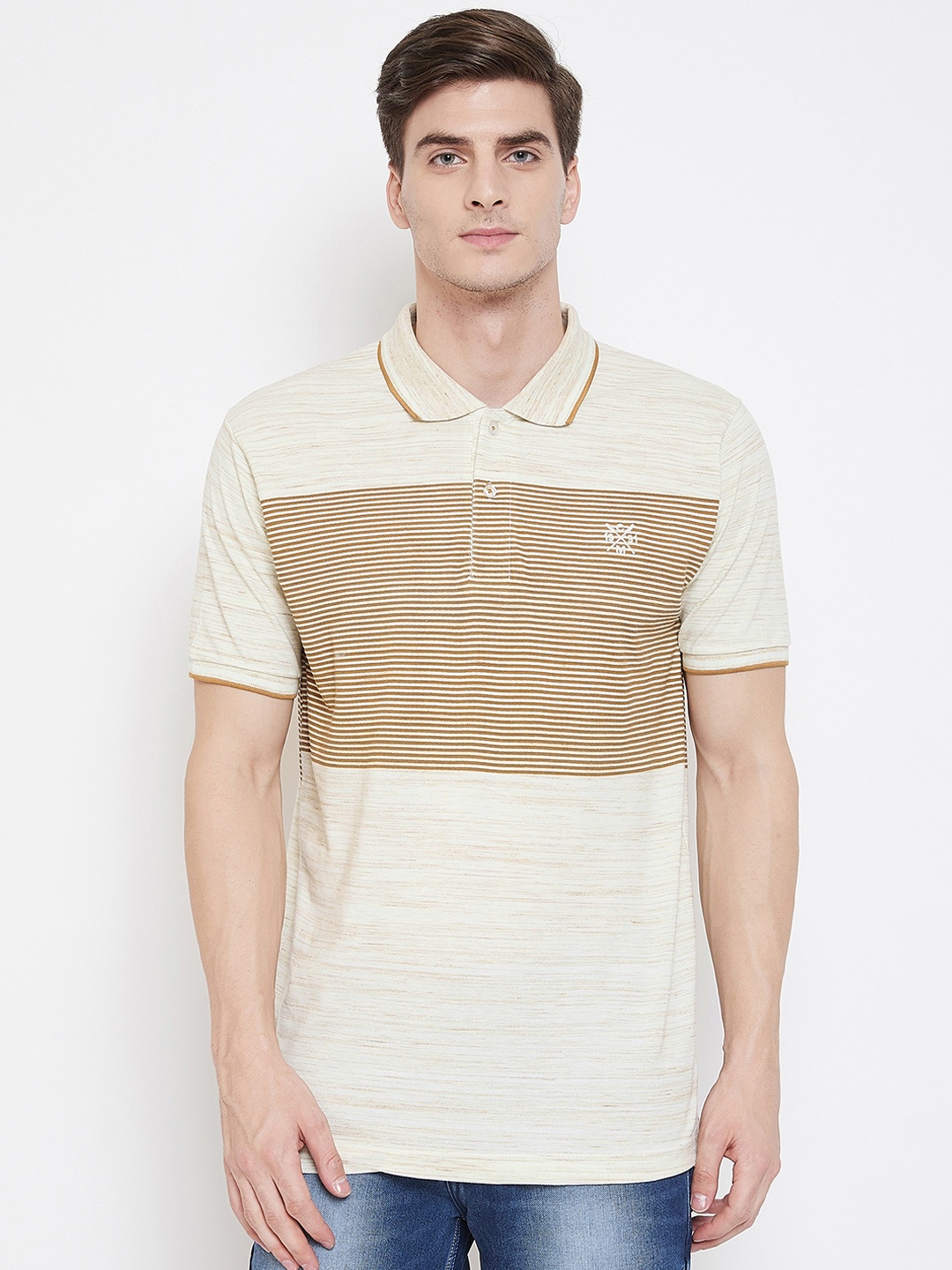 Camey Men Beige & Brown Striped Polo Collar T-shirt