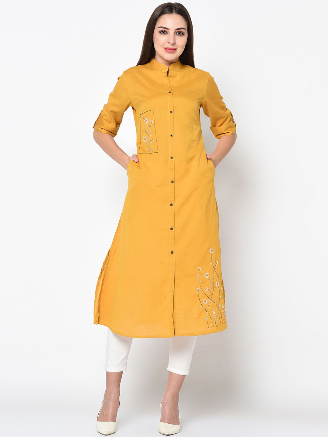 

FLAVIDO Women Yellow Embroidered Straight Kurta