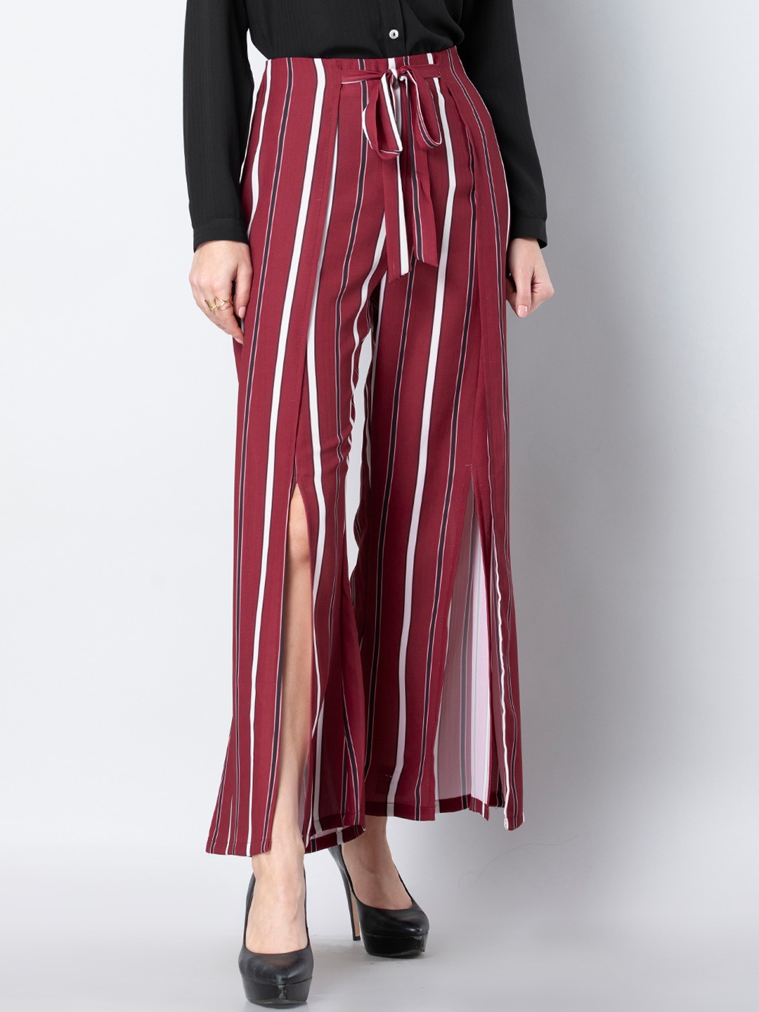 FabAlley Women Maroon & White Striped Straight Palazzos