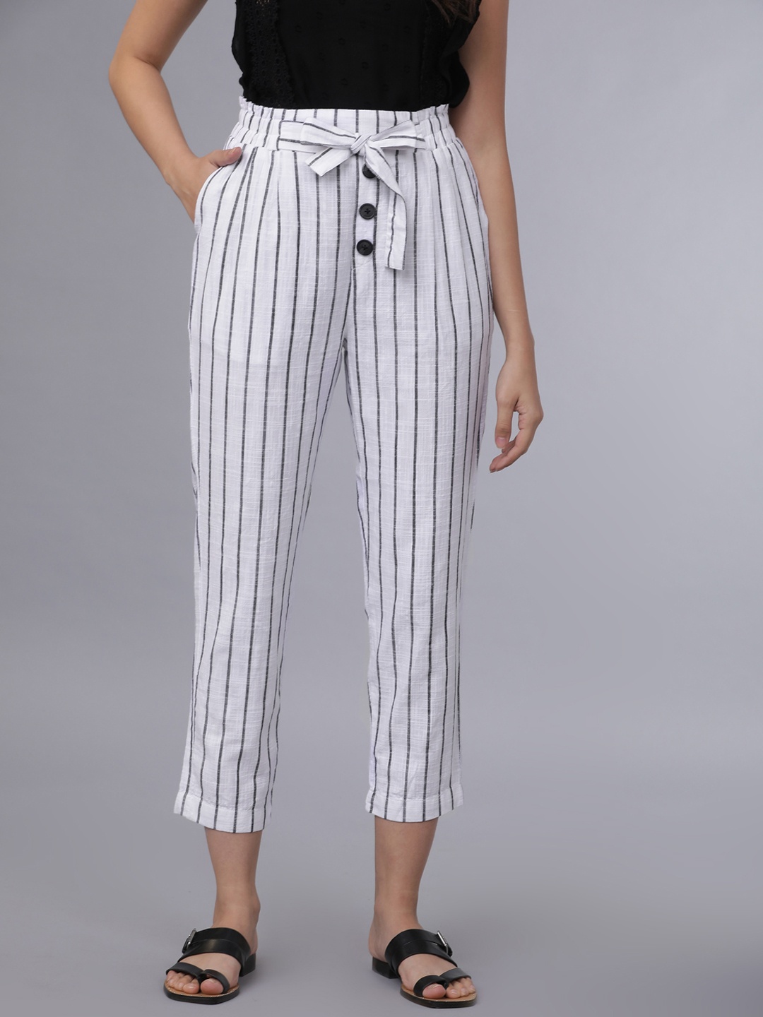 

Tokyo Talkies Women White & Black Striped Regular Trousers
