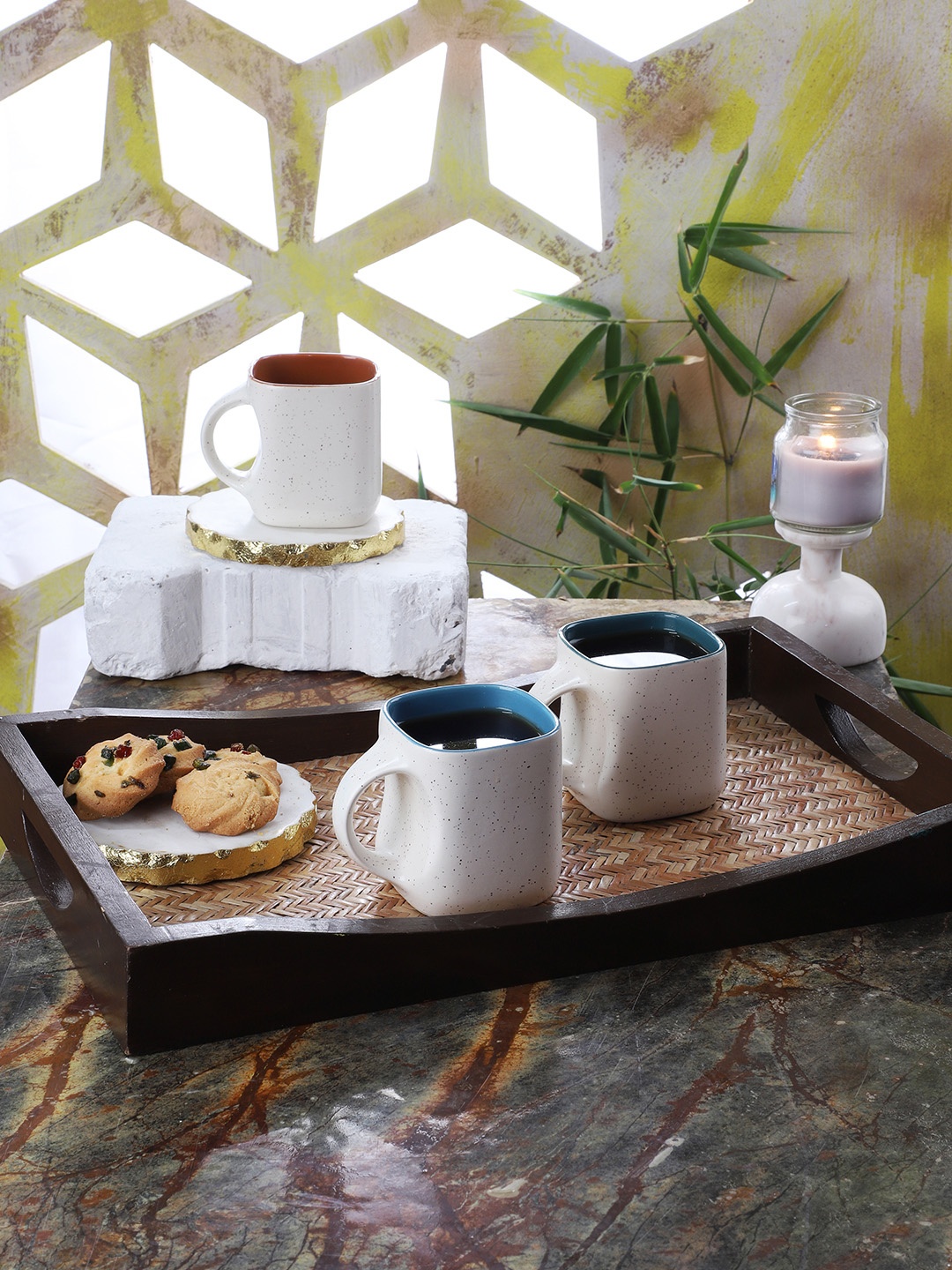 CDI White & Blue Set Of 6 Solid Square Curve Shape Ceramic Mugs