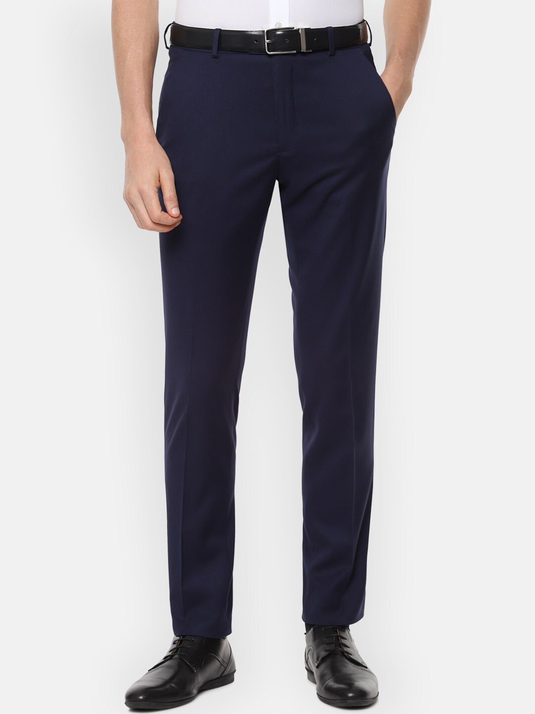 Van Heusen Men Navy Blue Slim Fit Self Design Formal Trousers