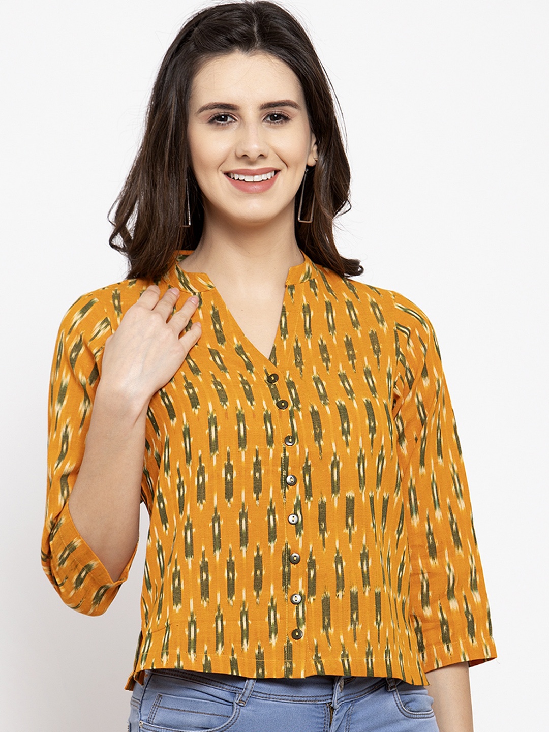 

Ayaany Women Mustard Yellow & Green Printed Shirt Style Pure Cotton Top