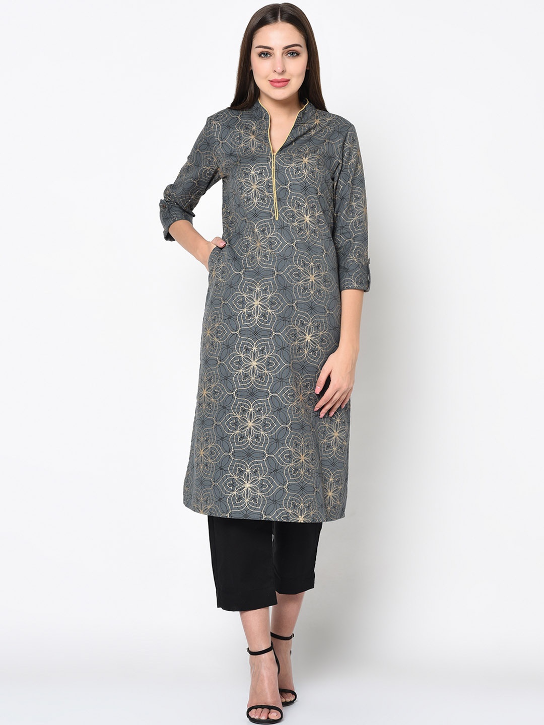 

FLAVIDO Women Grey & Beige Printed Straight Kurta