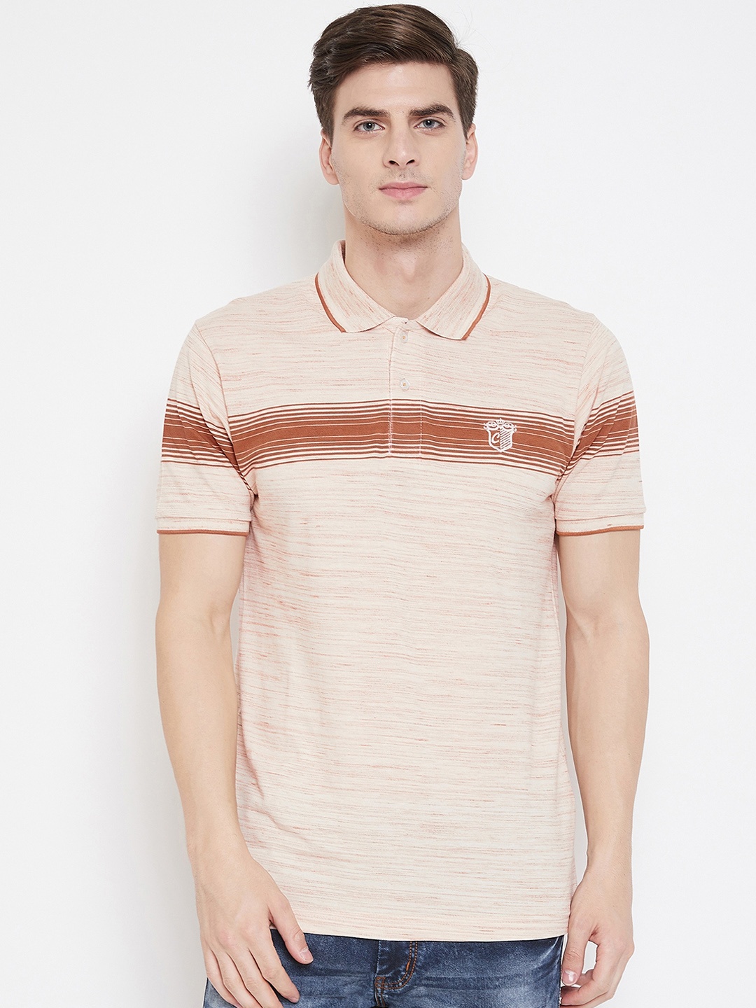 

Camey Men Beige & Brown Striped Polo Collar T-shirt