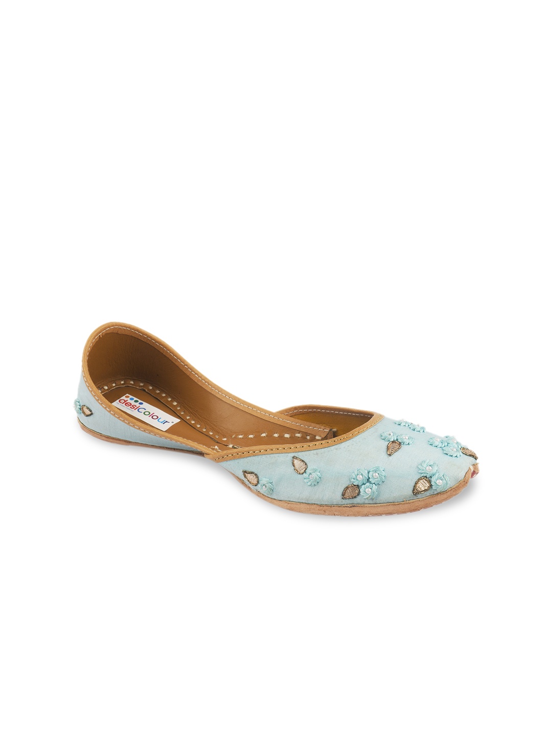 

DESI COLOUR Women Turquoise Blue Embellished Leather Mojaris