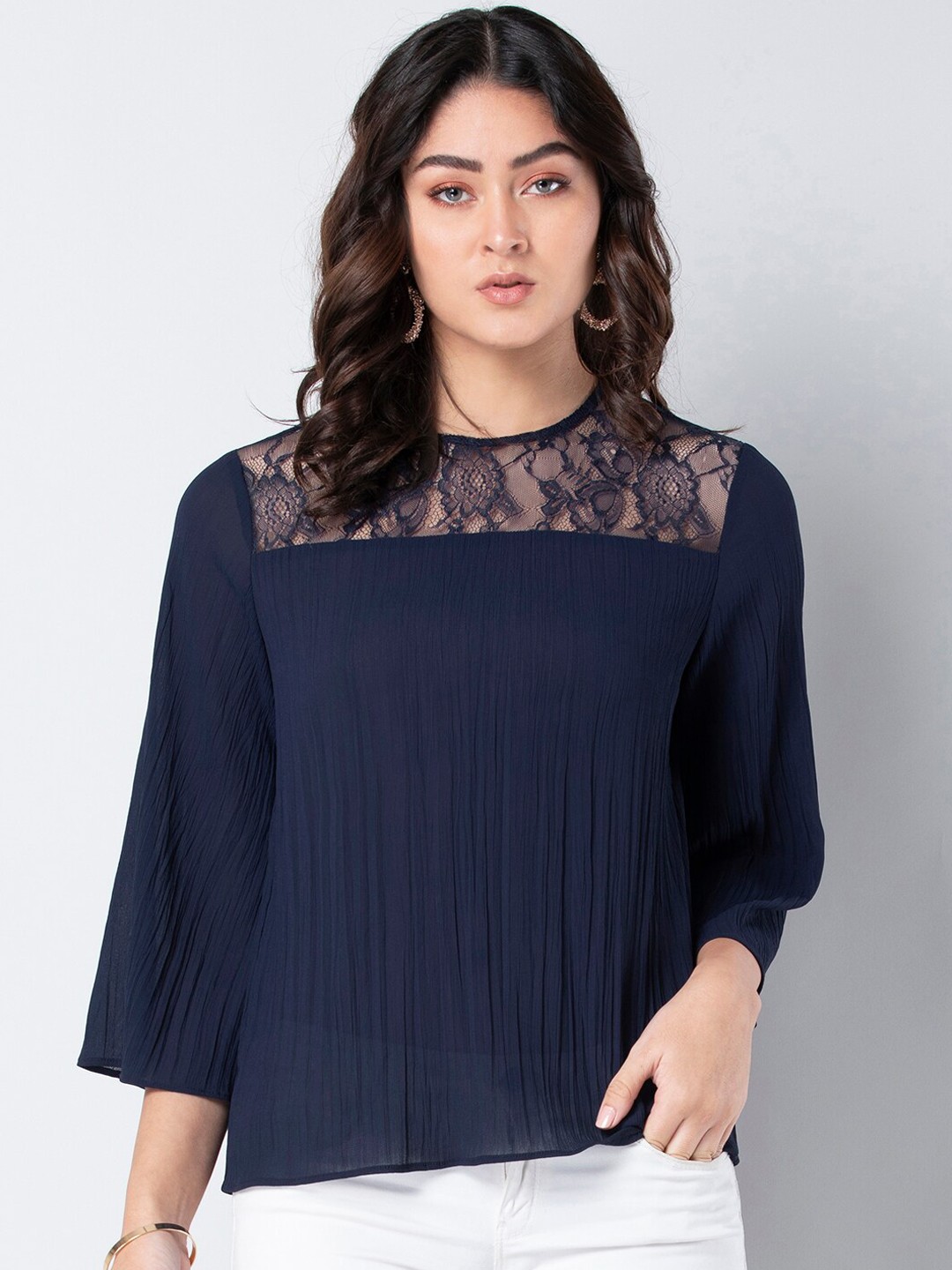 

FabAlley Women Navy Blue Self Design Top