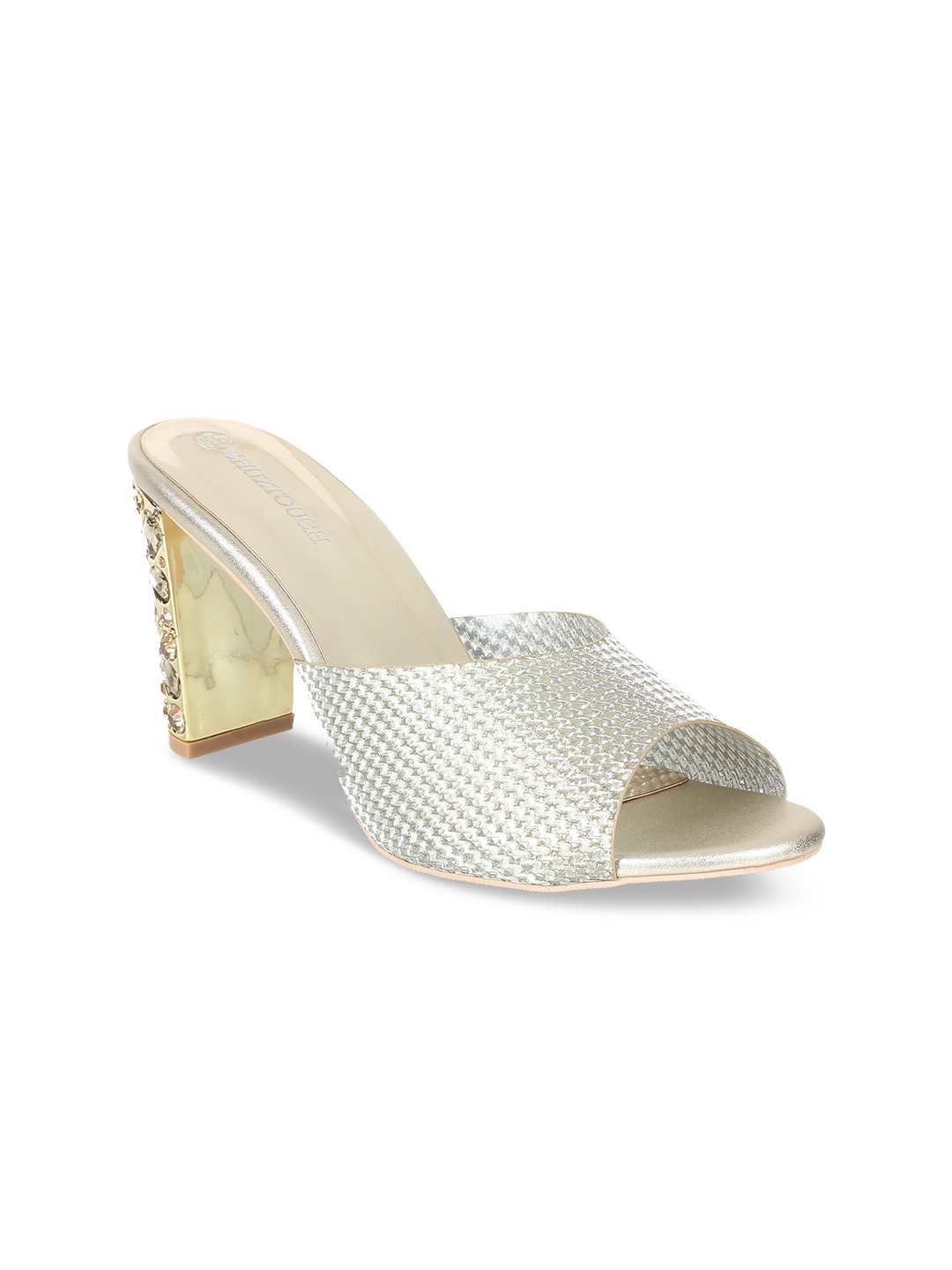SHUZ TOUCH Women Champagne Yellow Embellished Block Heels