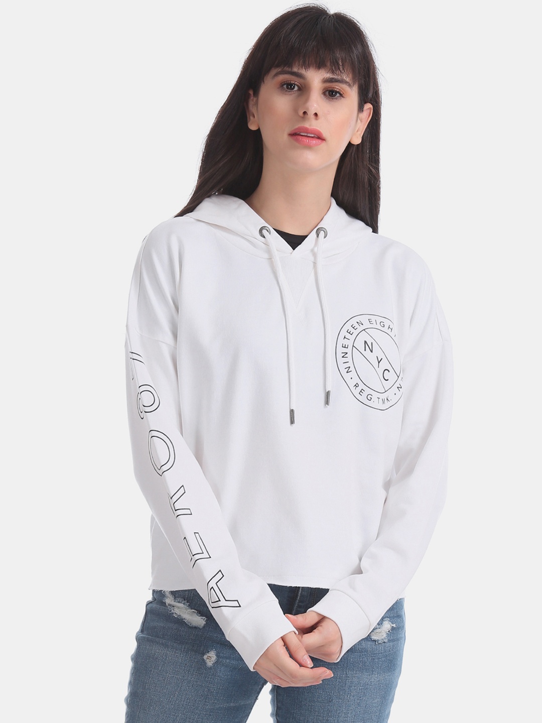 

Aeropostale Women White Printed Hooded Sweatshirt