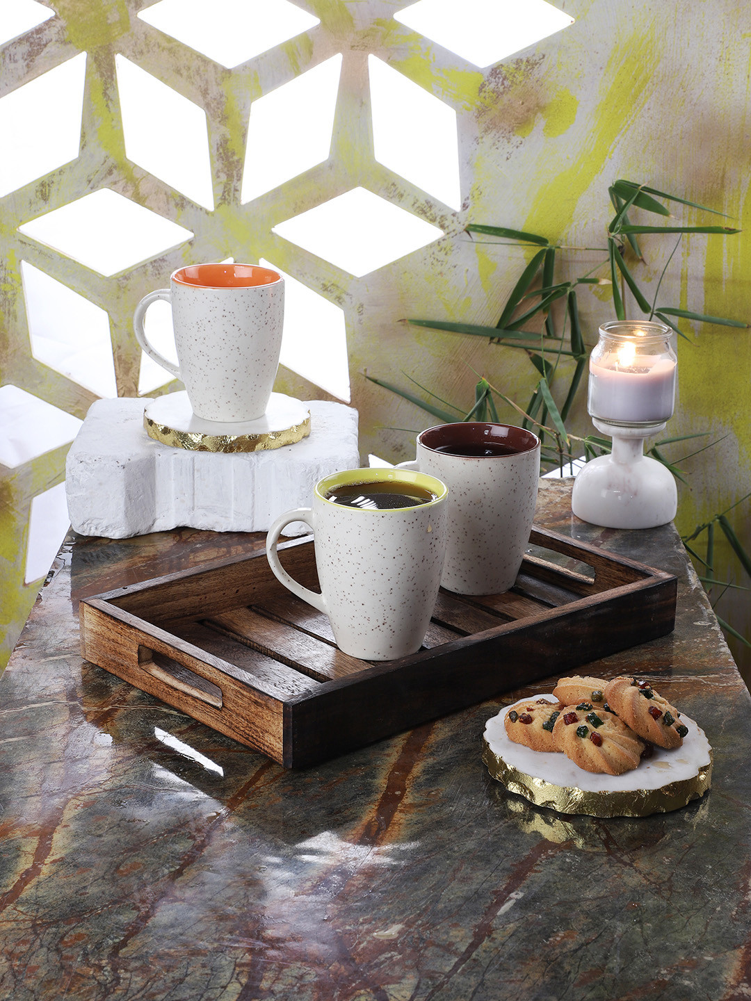 

CDI Set Of 6 Brown & White Marble Textured Large Size Tea Cups With Tray