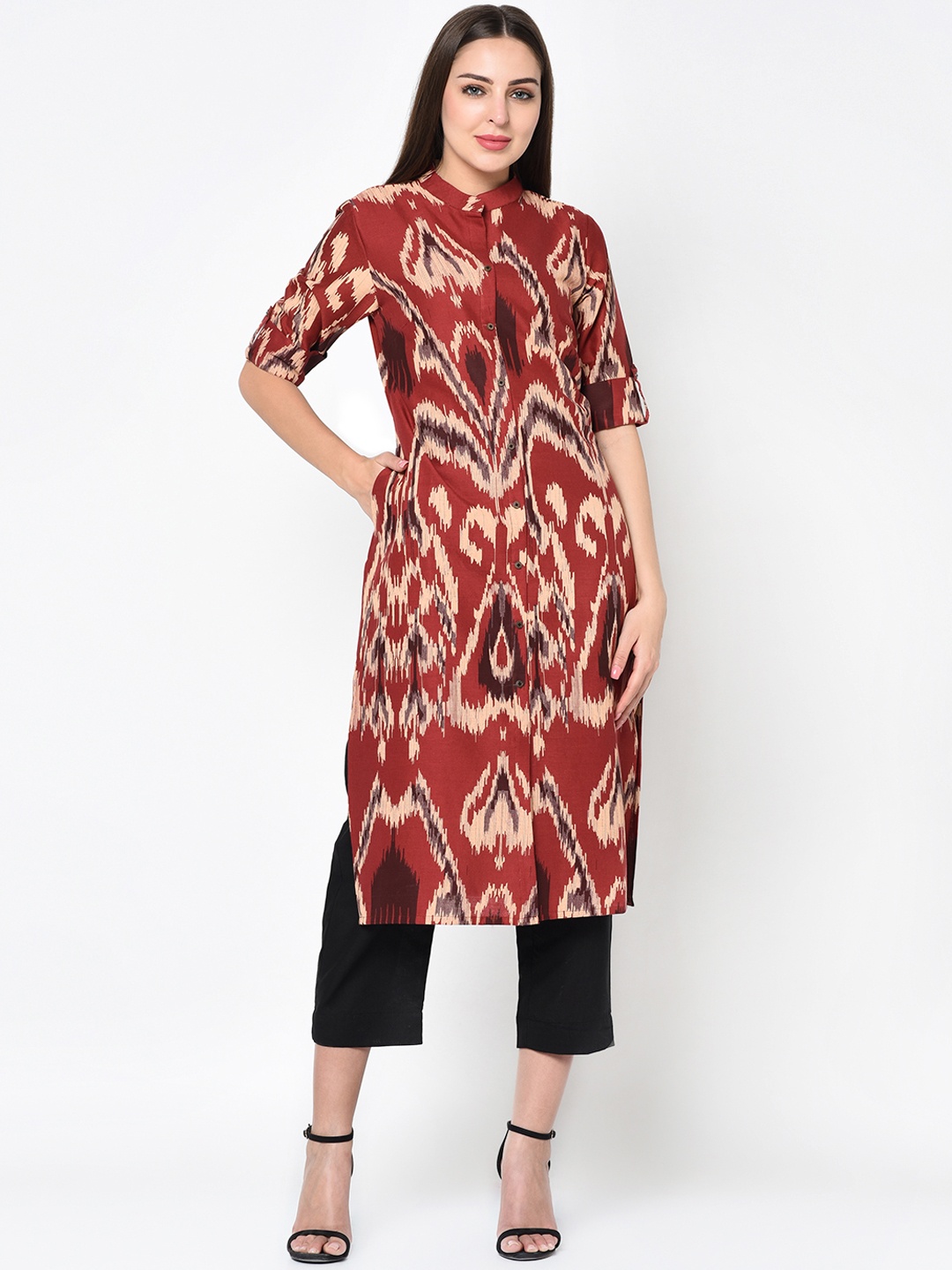 

FLAVIDO Women Maroon & Beige Printed Straight Kurta
