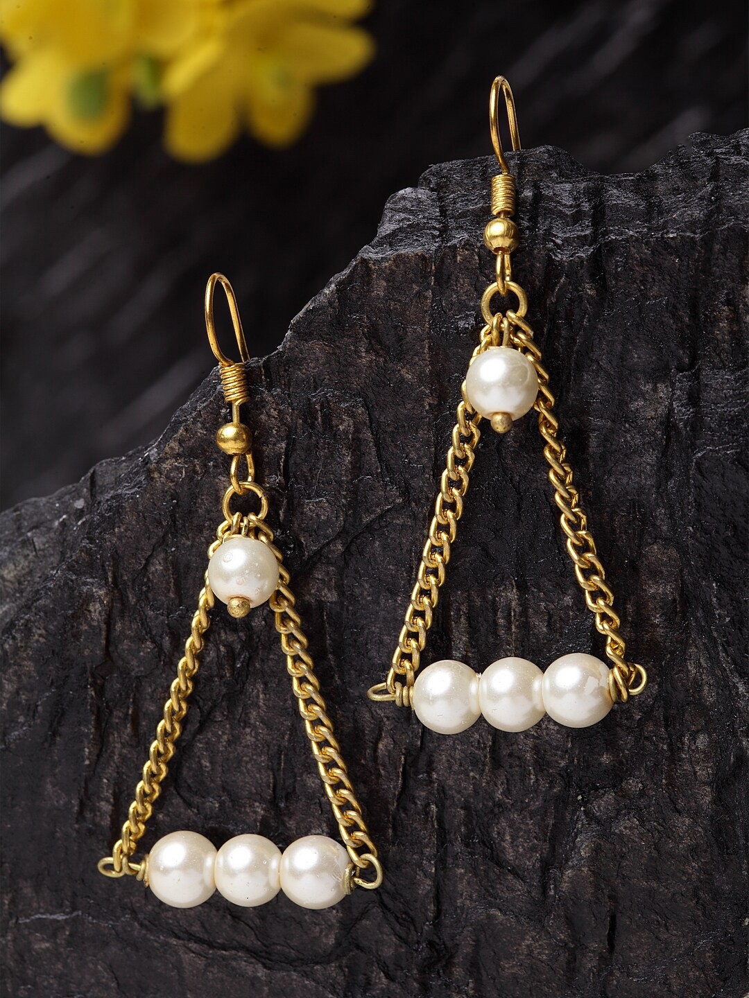 

DUGRISTYLE Gold-Plated & White Pearl Geometric Drop Earrings