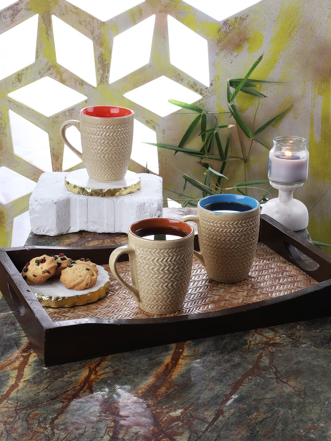 

CDI Set Of 6 Beige & Brown Tyre Printed Tea Coffee Mugs