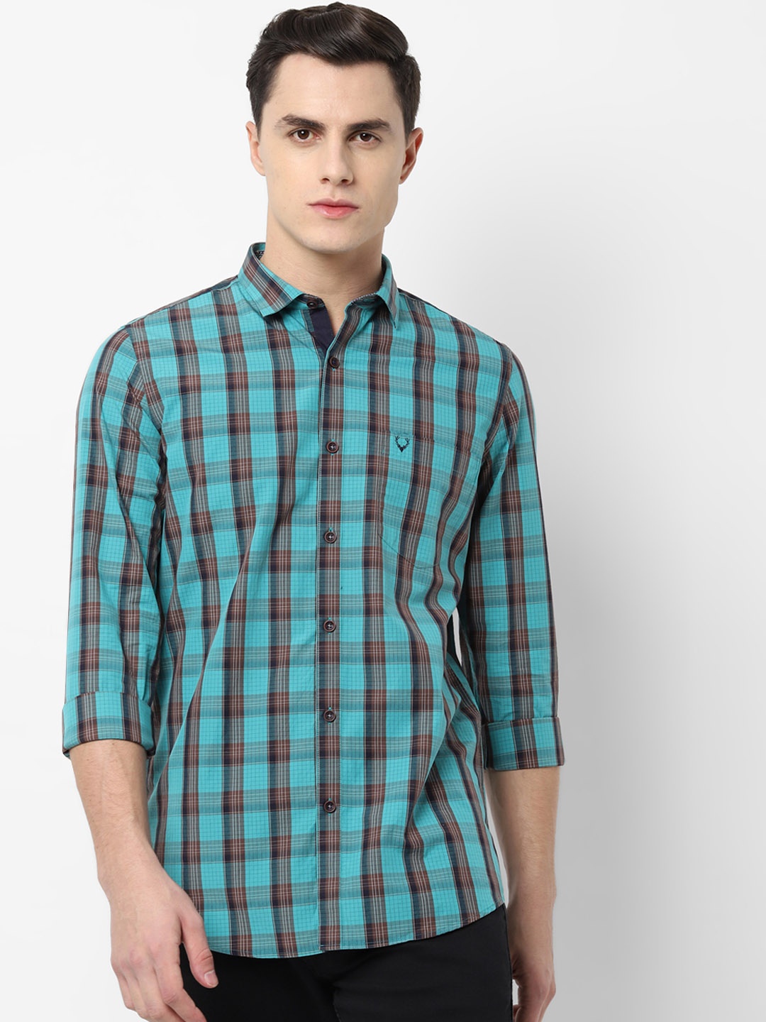 

Allen Solly Men Turquoise Blue & Brown Slim Fit Checked Casual Shirt